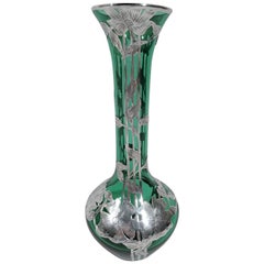 Antique Alvin Art Nouveau Green Silver Overlay Vase