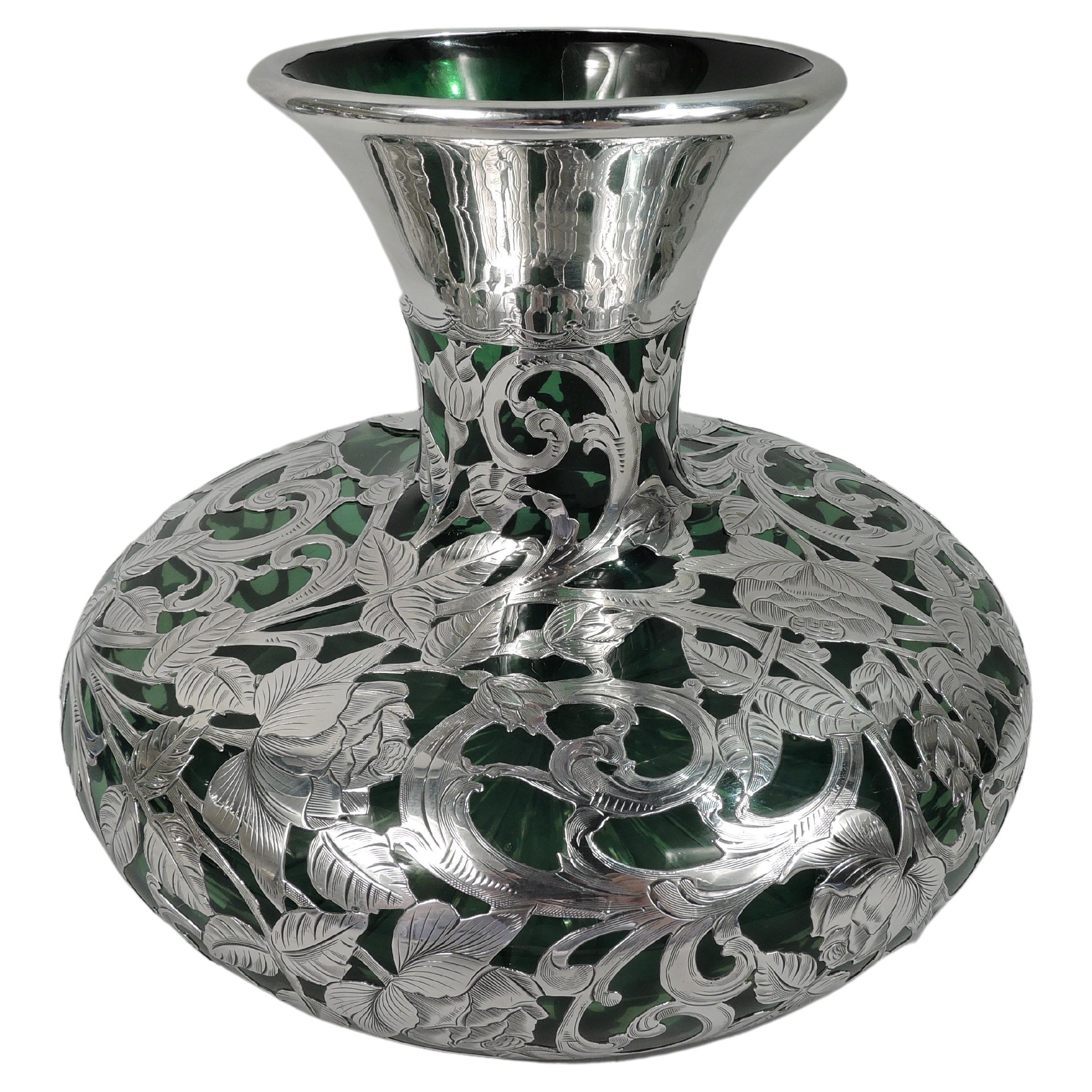 Antique Alvin Art Nouveau Green Silver Overlay Vase