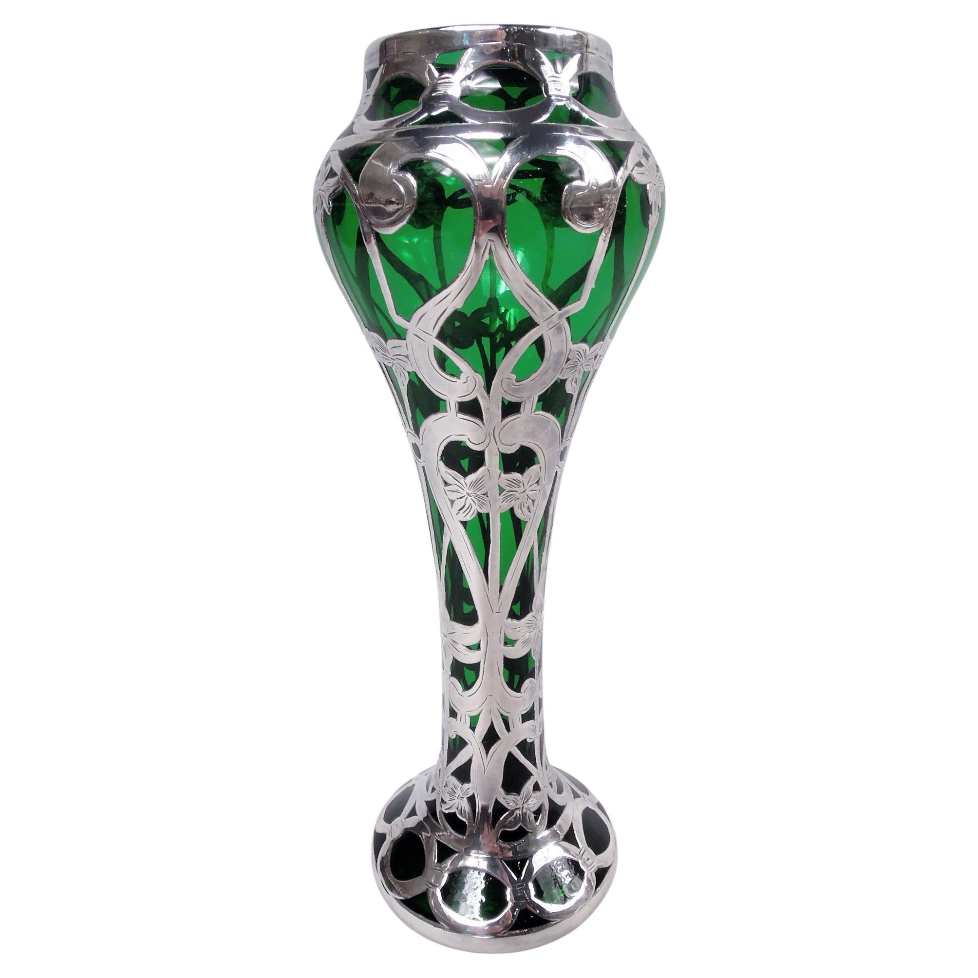 Antique Alvin Art Nouveau Green Silver Overlay Vase