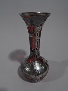 Antique Alvin Art Nouveau Red Glass Bud Vase with Silver Overlay