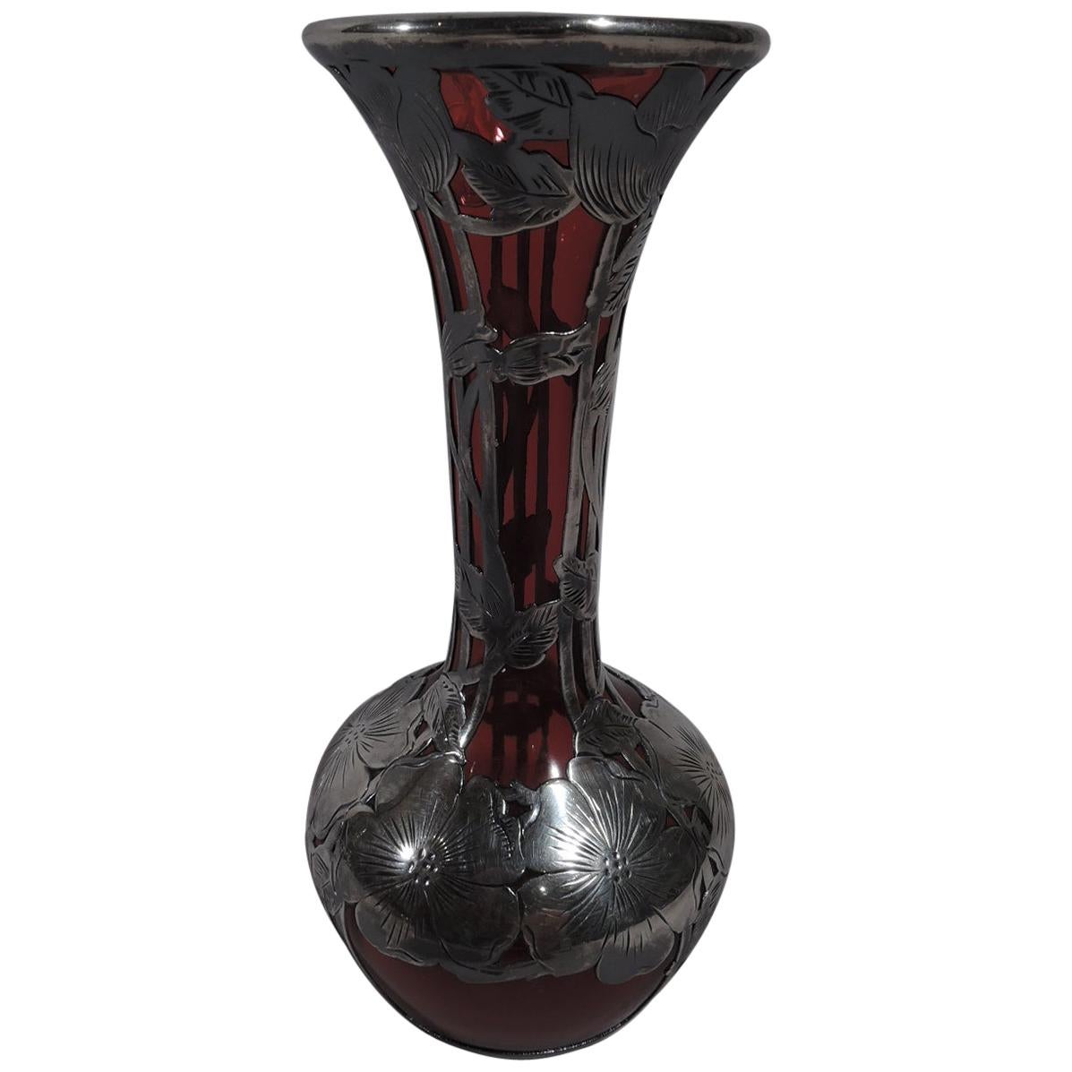 Antique Alvin Art Nouveau Red Glass Bud Vase with Silver Overlay at
