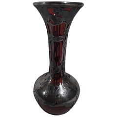 Antique Alvin Art Nouveau Red Glass Bud Vase with Silver Overlay