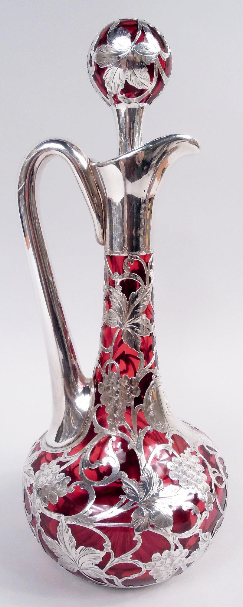 American Antique Alvin Art Nouveau Red Grapevine Silver Overlay Decanter For Sale