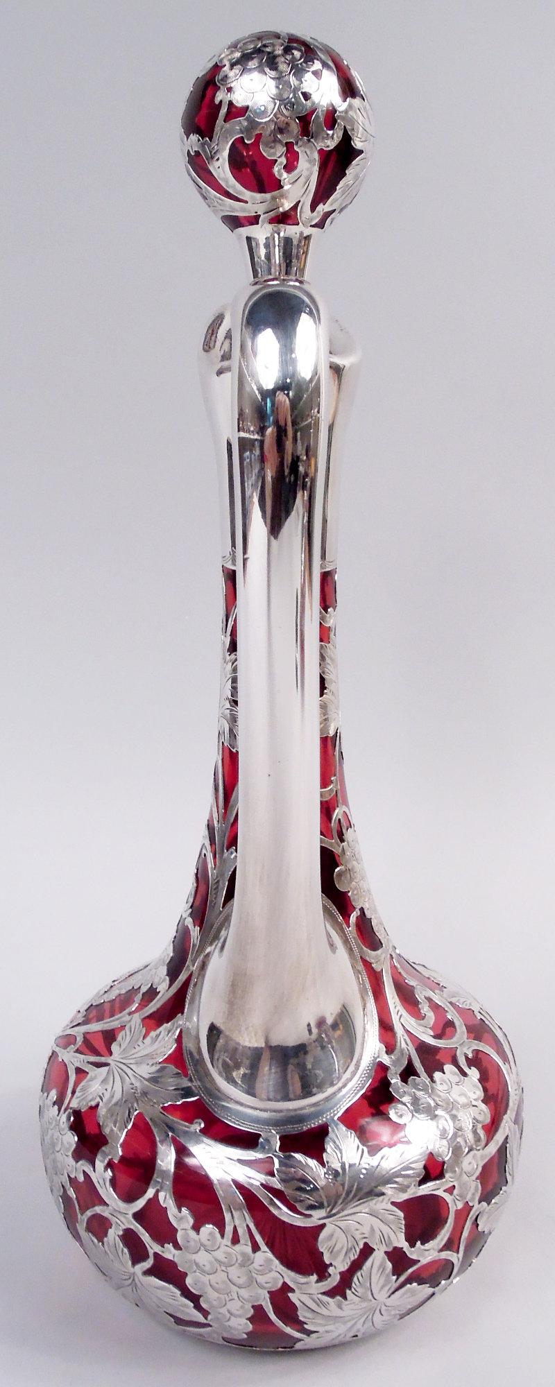 Antique Alvin Art Nouveau Red Grapevine Silver Overlay Decanter In Good Condition For Sale In New York, NY
