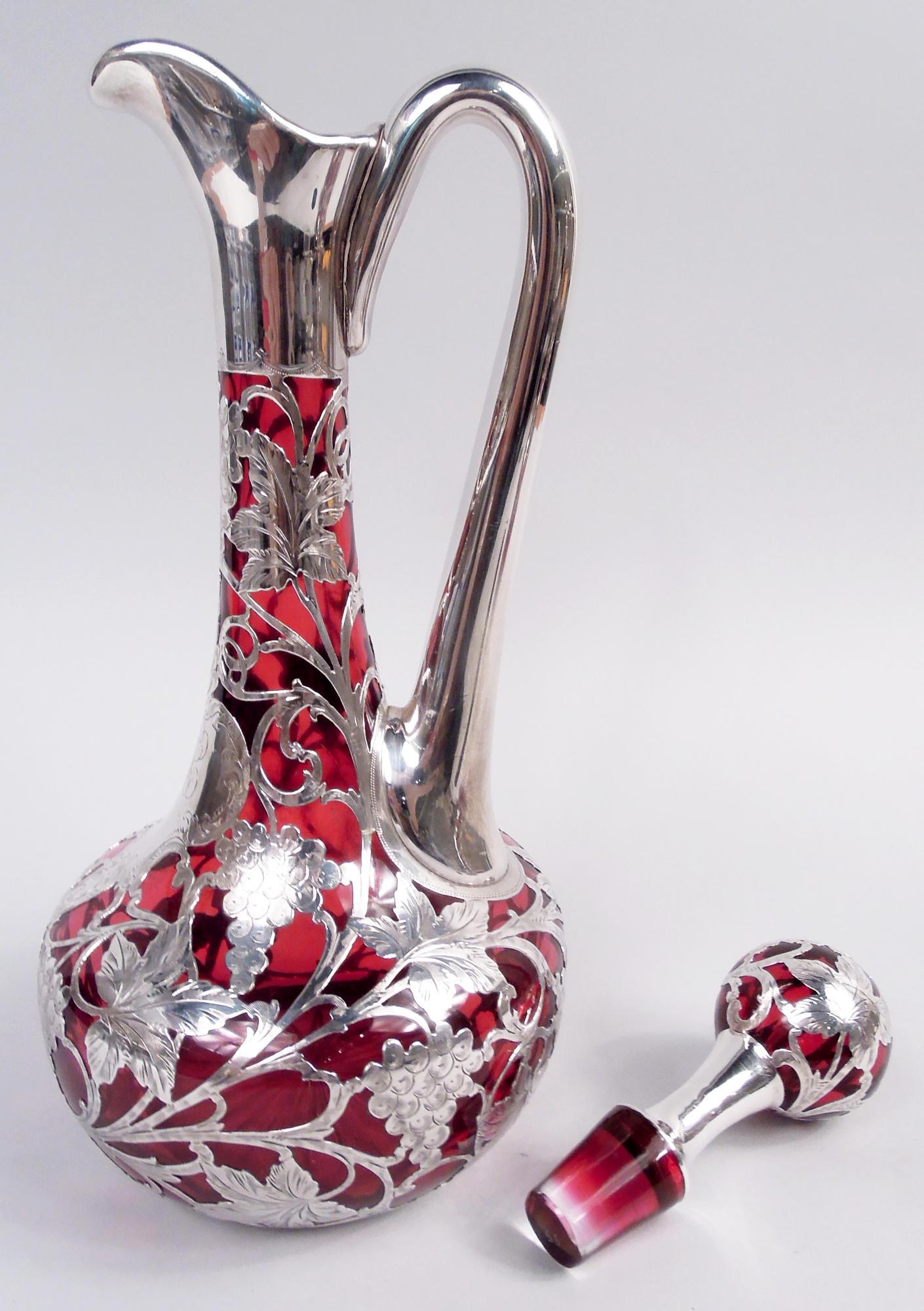 20th Century Antique Alvin Art Nouveau Red Grapevine Silver Overlay Decanter For Sale