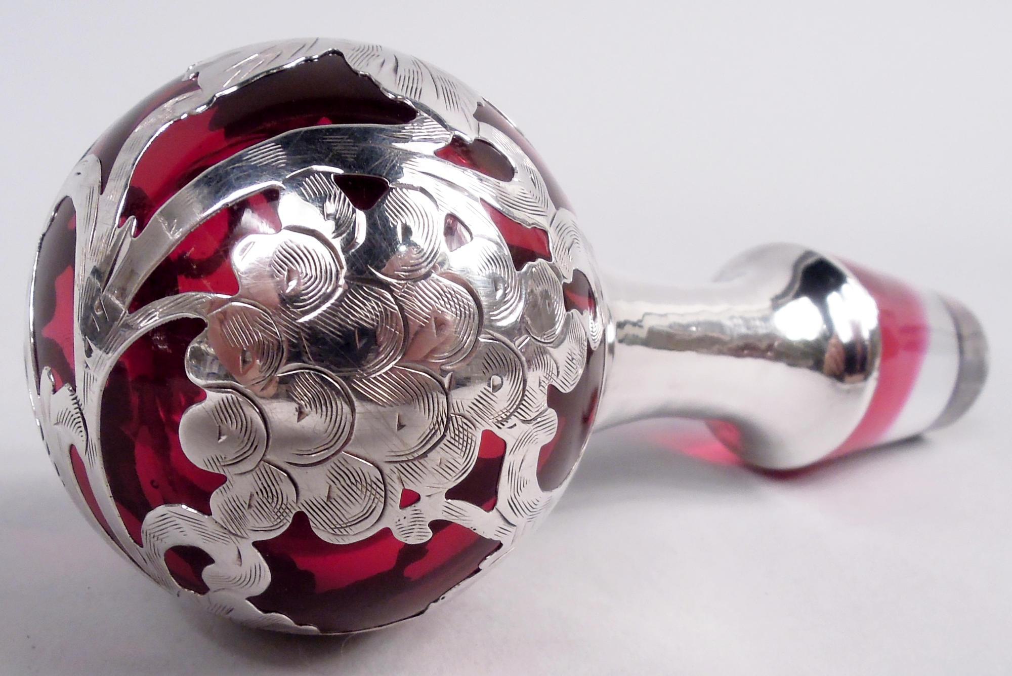 Antique Alvin Art Nouveau Red Grapevine Silver Overlay Decanter For Sale 1