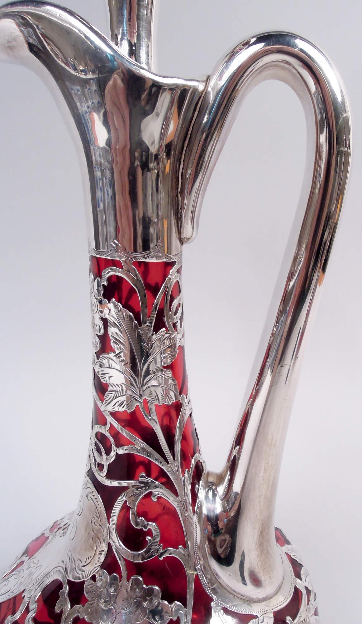 Antique Alvin Art Nouveau Red Grapevine Silver Overlay Decanter For Sale 3