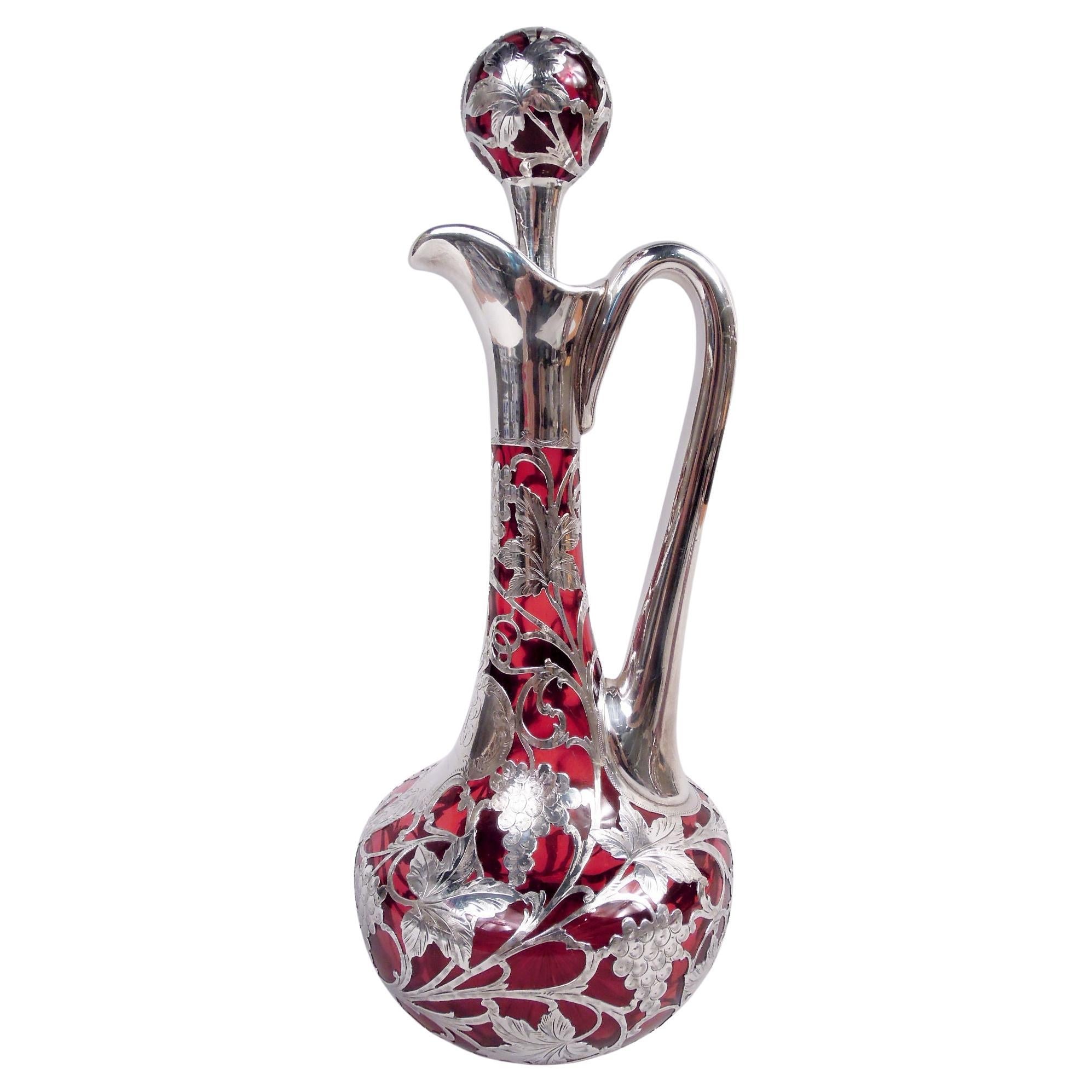 Antico decanter Alvin Art Nouveau Red Grapevine Silver Overlay