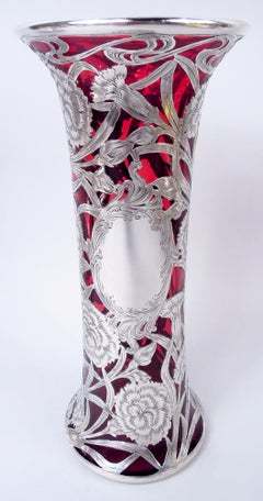 Antique Alvin Art Nouveau Red Silver Overlay 12-Inch Vase