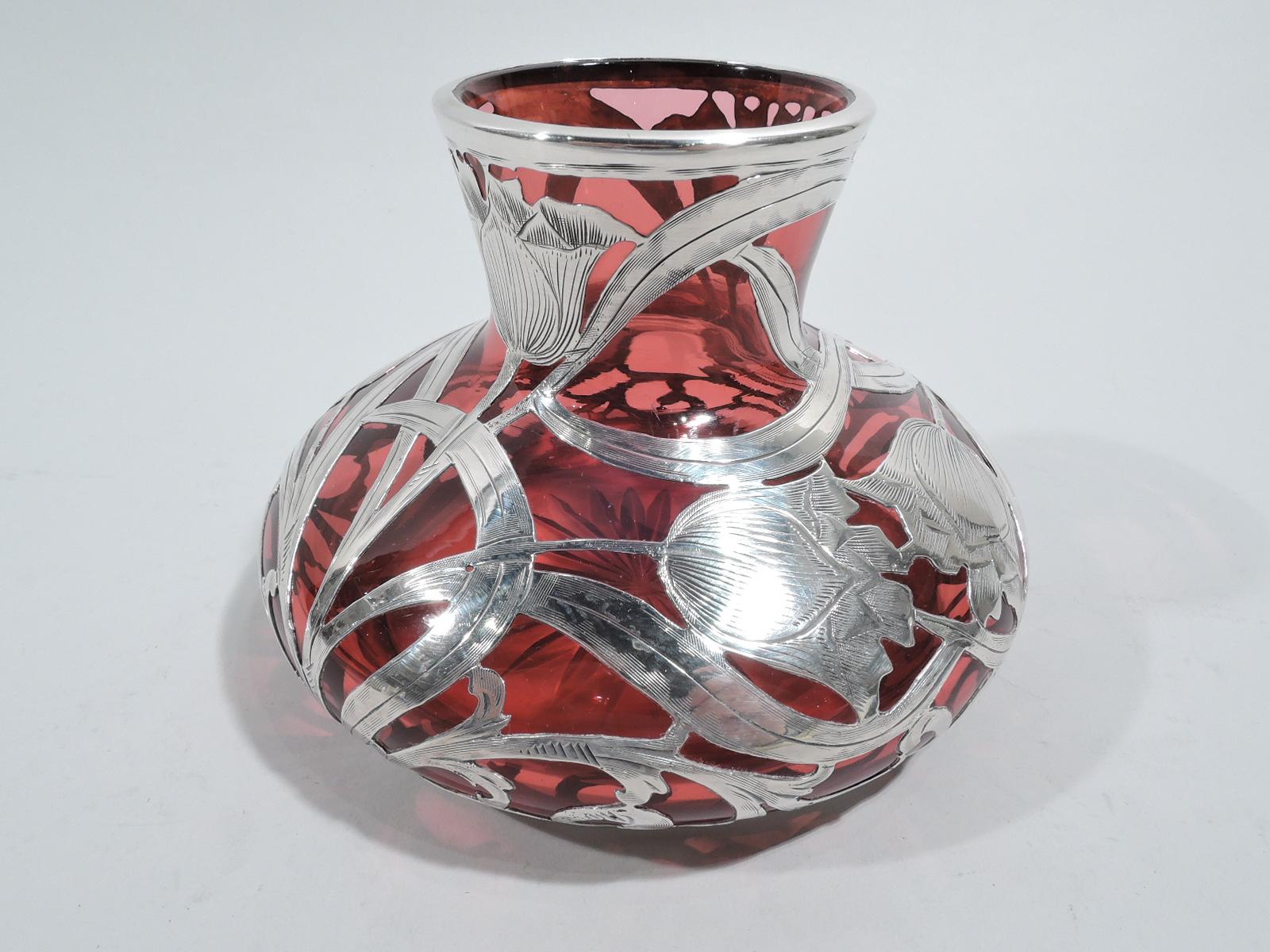 American Antique Alvin Art Nouveau Red Silver Overlay Vase