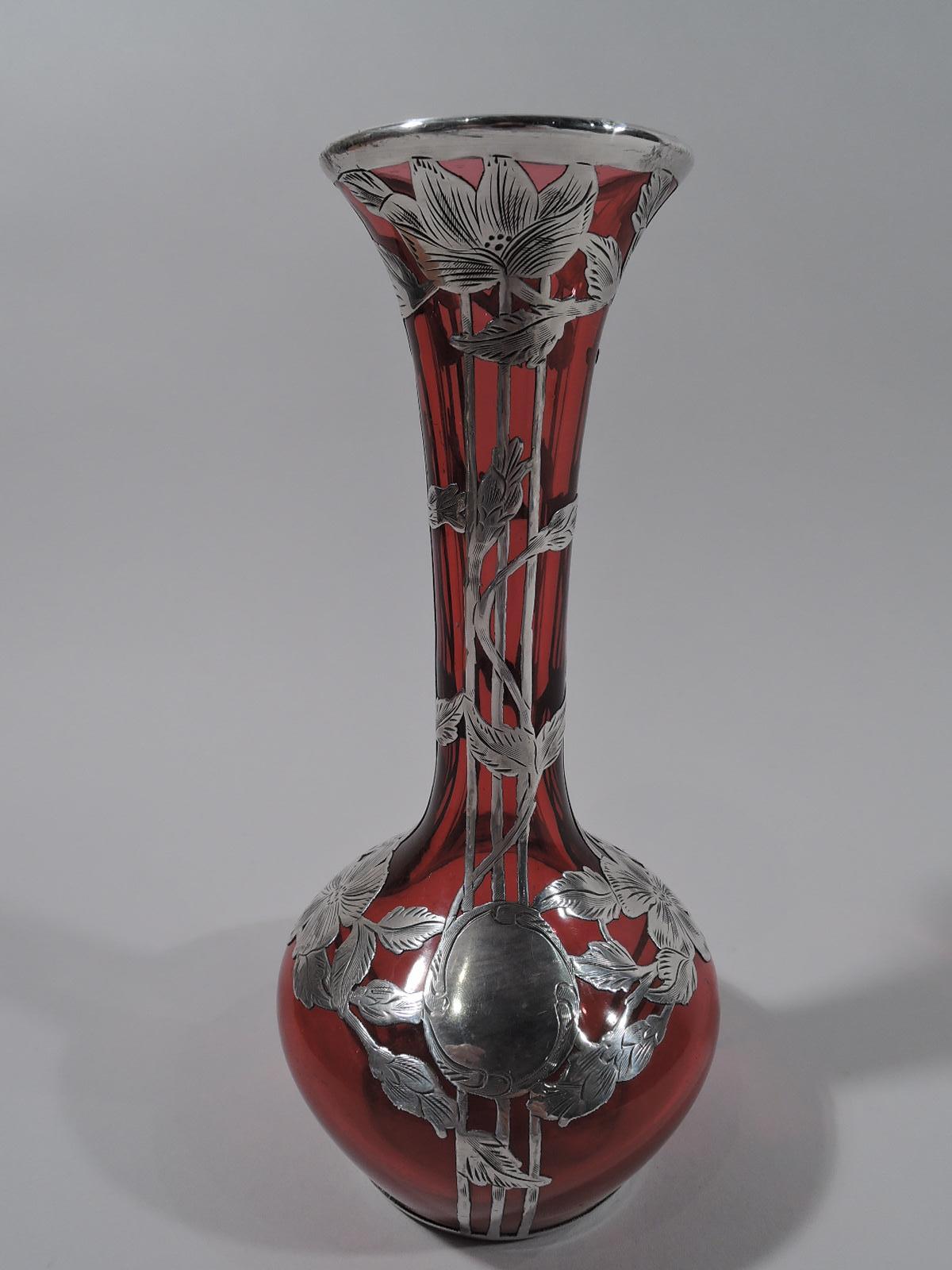 American Antique Alvin Art Nouveau Red Silver Overlay Vase