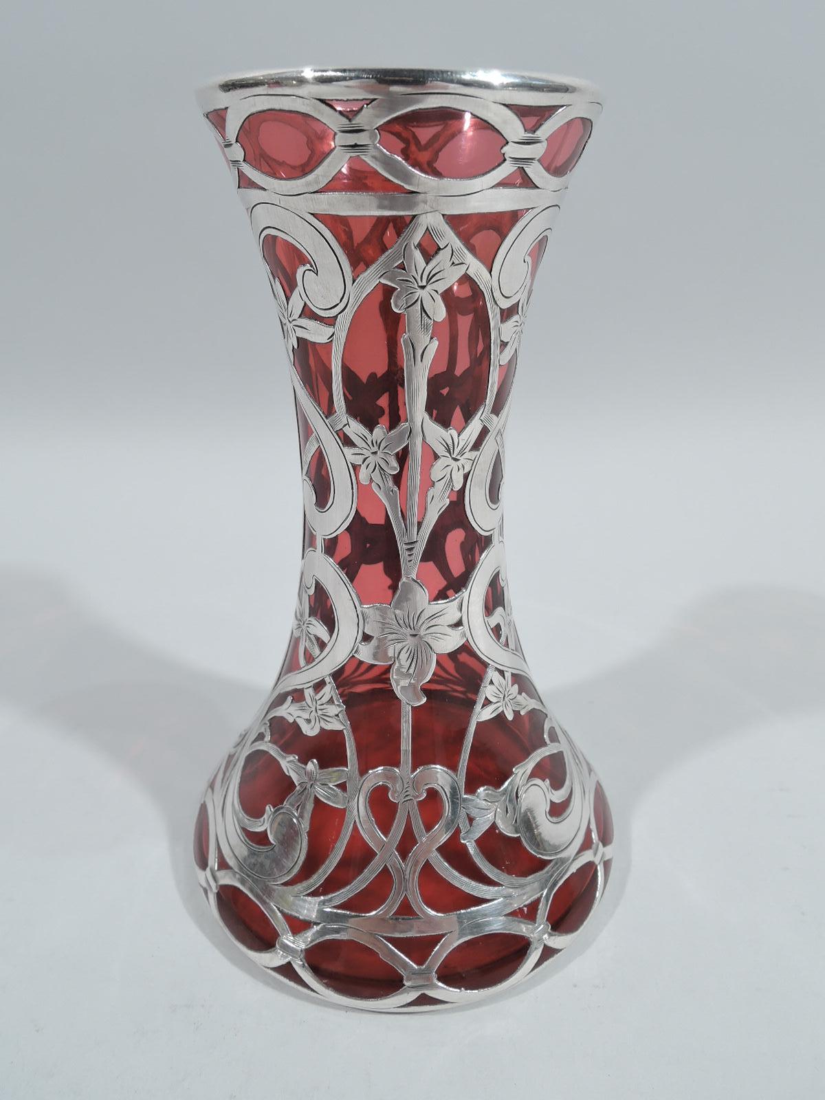 American Antique Alvin Art Nouveau Red Silver Overlay Vase