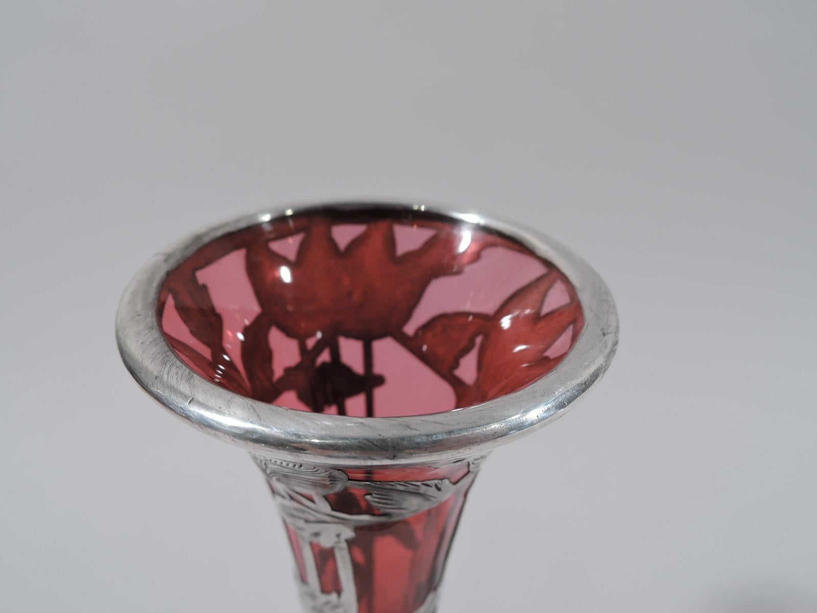 Antique Alvin Art Nouveau Red Silver Overlay Vase In Excellent Condition In New York, NY