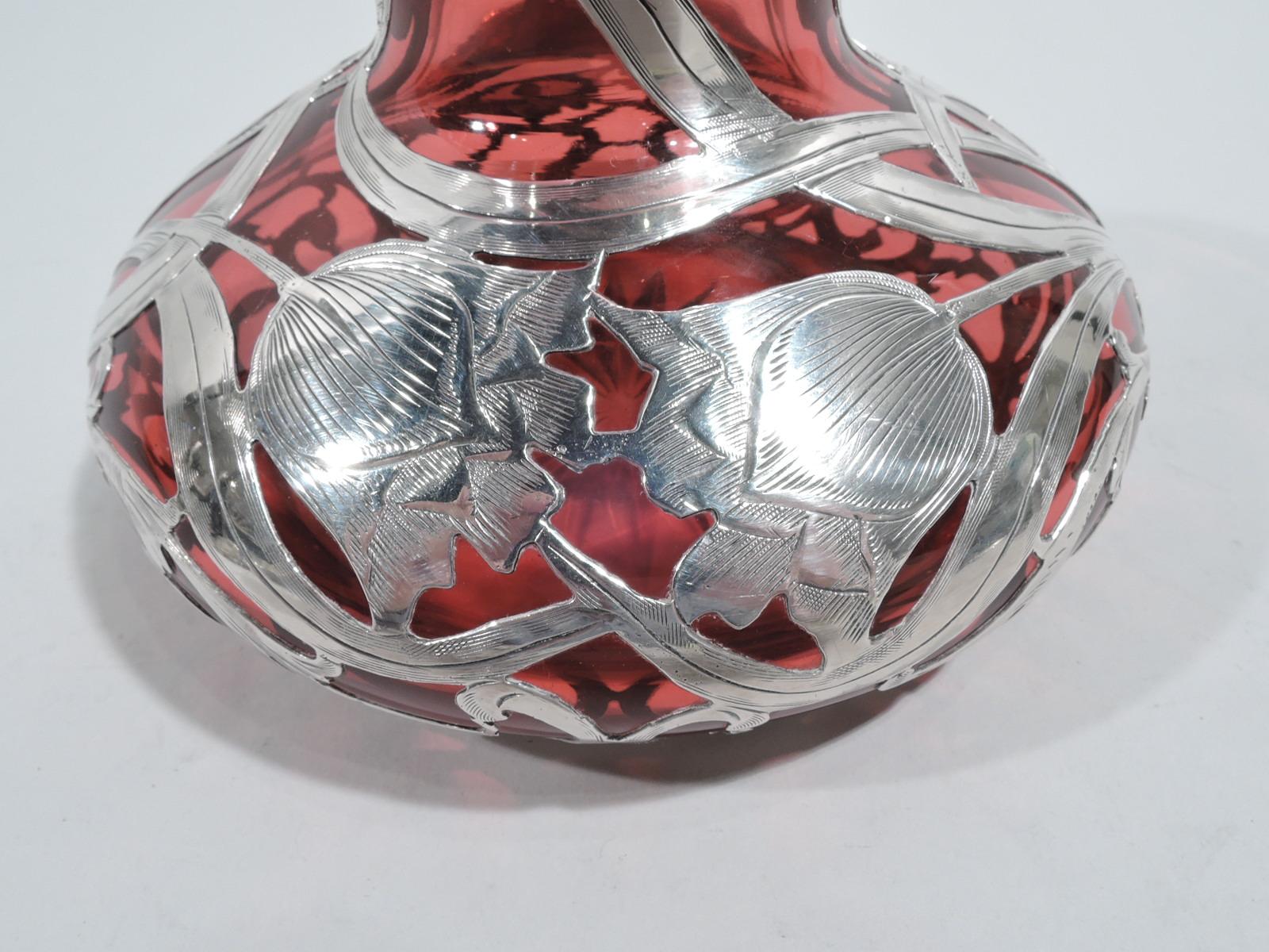 20th Century Antique Alvin Art Nouveau Red Silver Overlay Vase