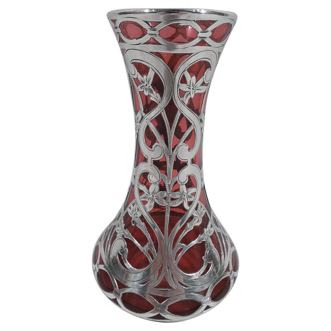 Antique Alvin Art Nouveau Red Silver Overlay Vase