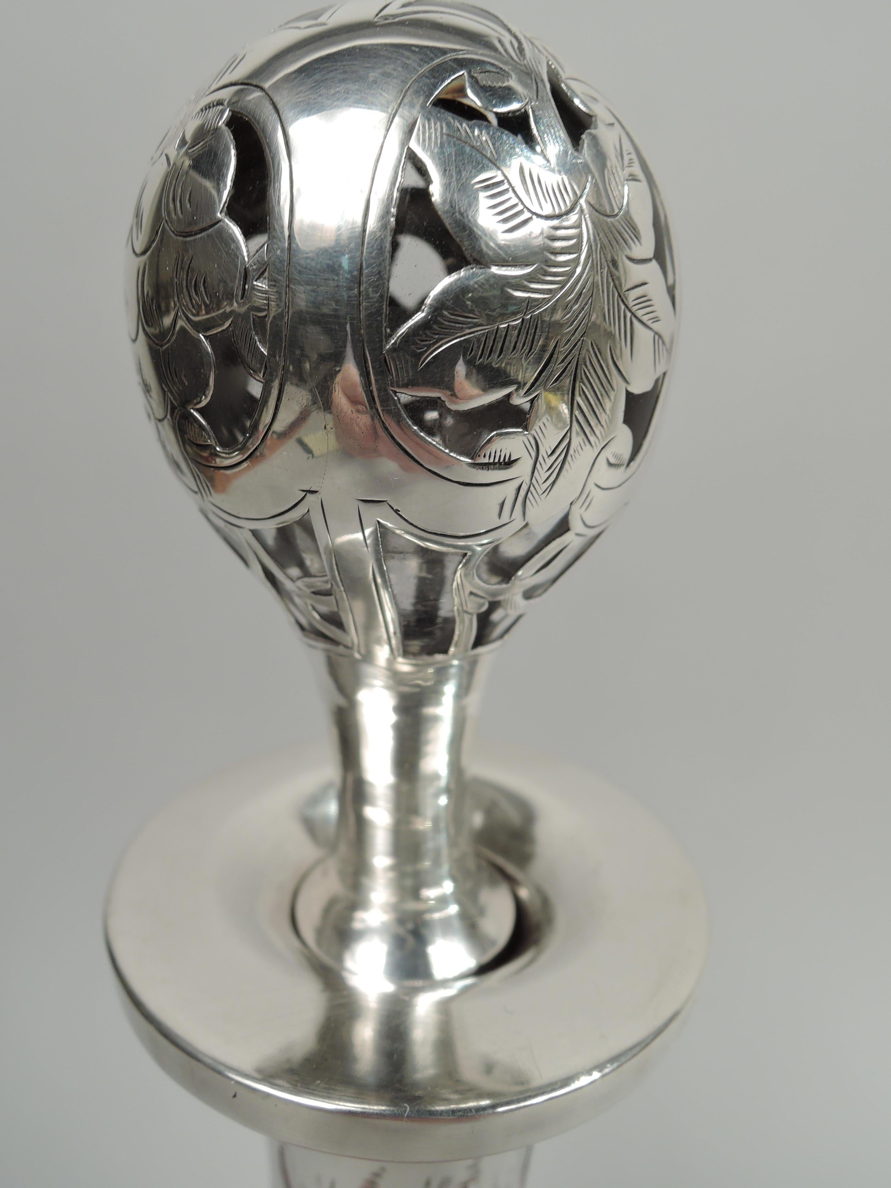 Antique Alvin Art Nouveau Silver Overlay Cranberry Cut-Glass Decanter In Good Condition For Sale In New York, NY