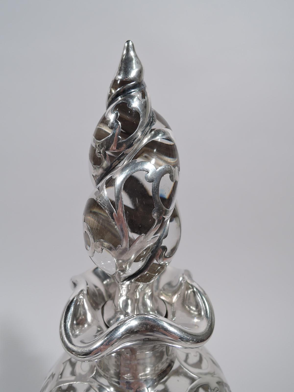Antique Alvin Art Nouveau Silver Overlay Decanter In Excellent Condition In New York, NY
