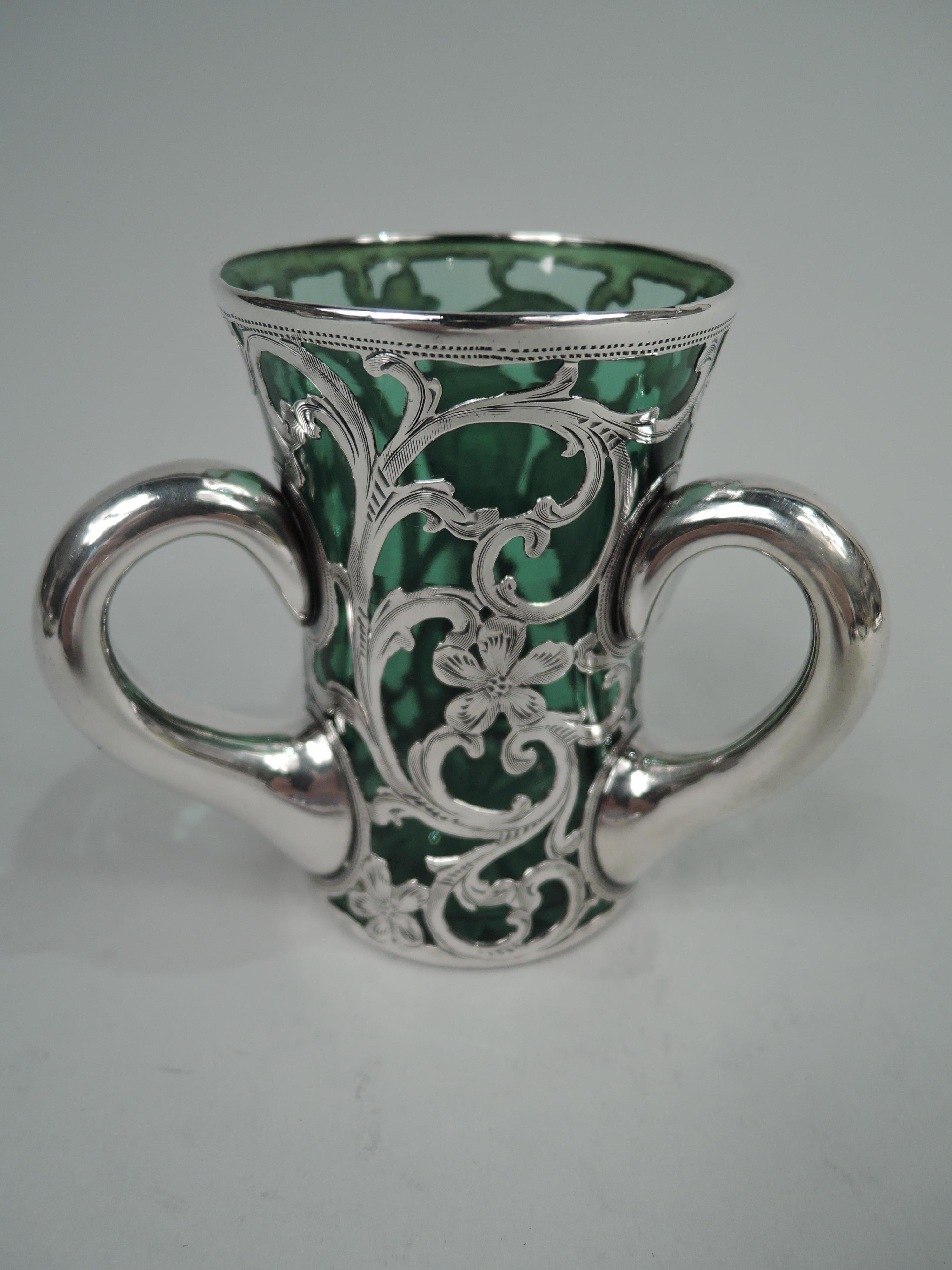Art Nouveau Antique Alvin Sweet & Small Green Silver Overlay Loving Cup Bud Vase