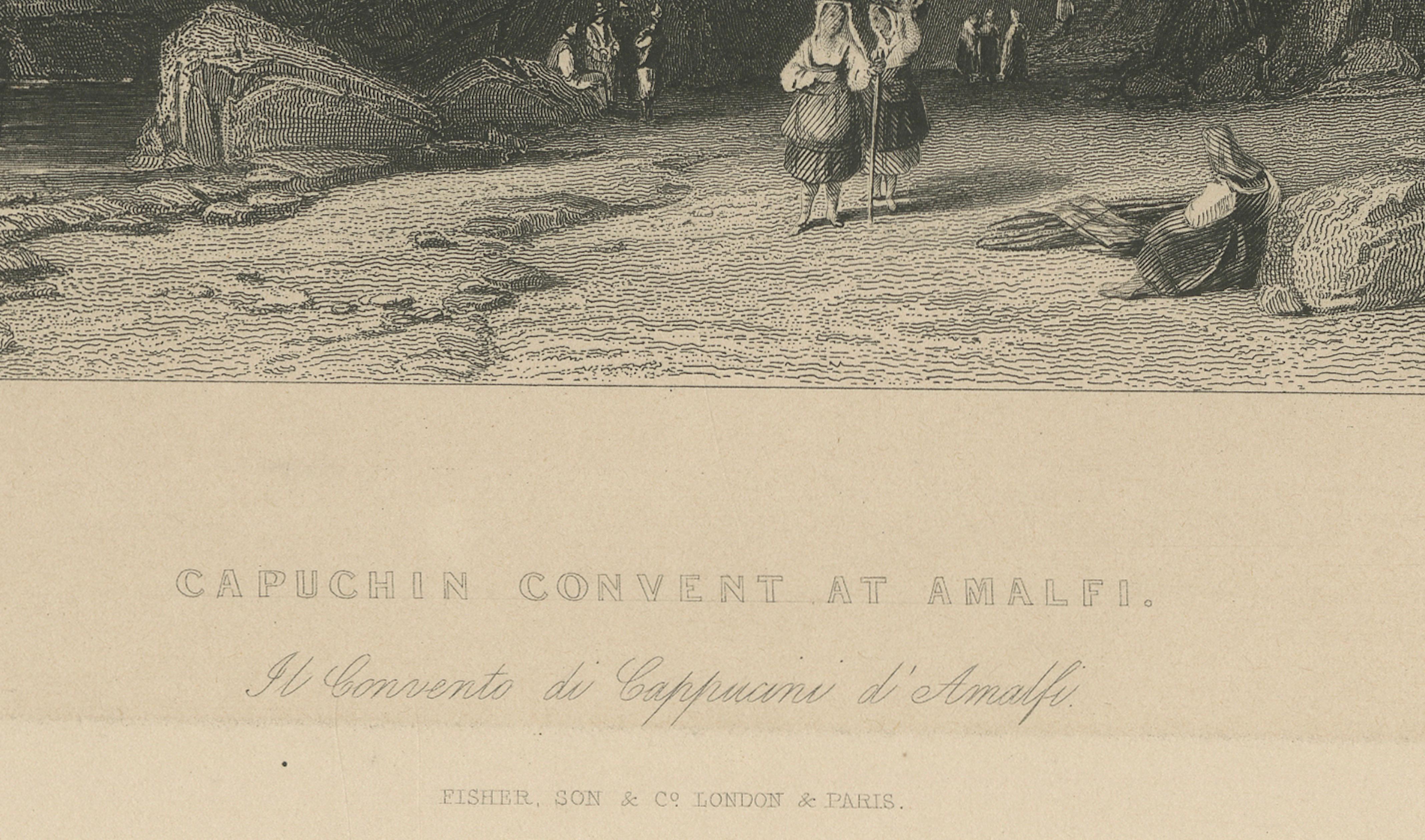 Antique Amalfi Coast Print, Capuchin Convent, Italian Coastal View, ca.1838