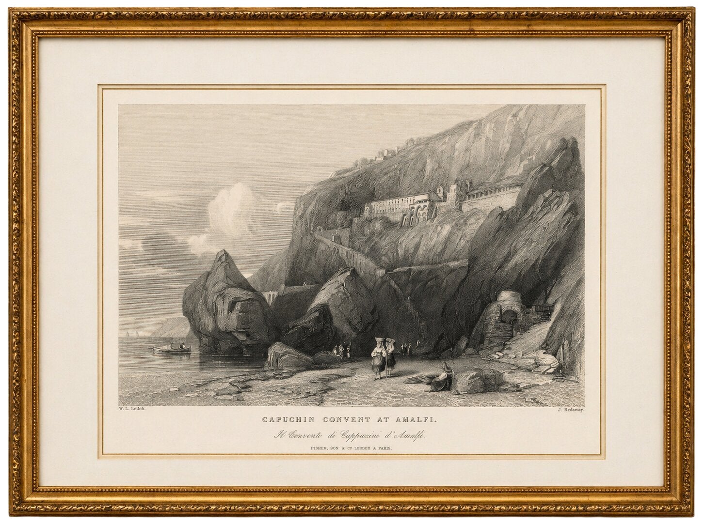 Antique Amalfi Coast Print, Capuchin Convent, Italian Coastal View, ca.1838