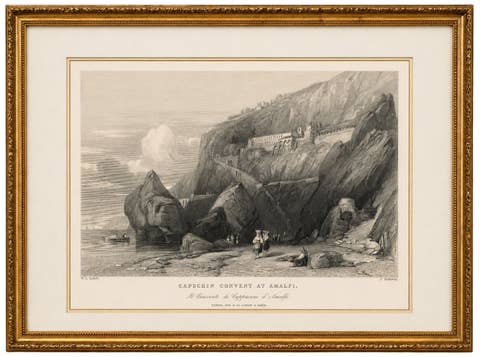 Antique Amalfi Coast Print, Capuchin Convent, Italian Coastal View, ca.1838