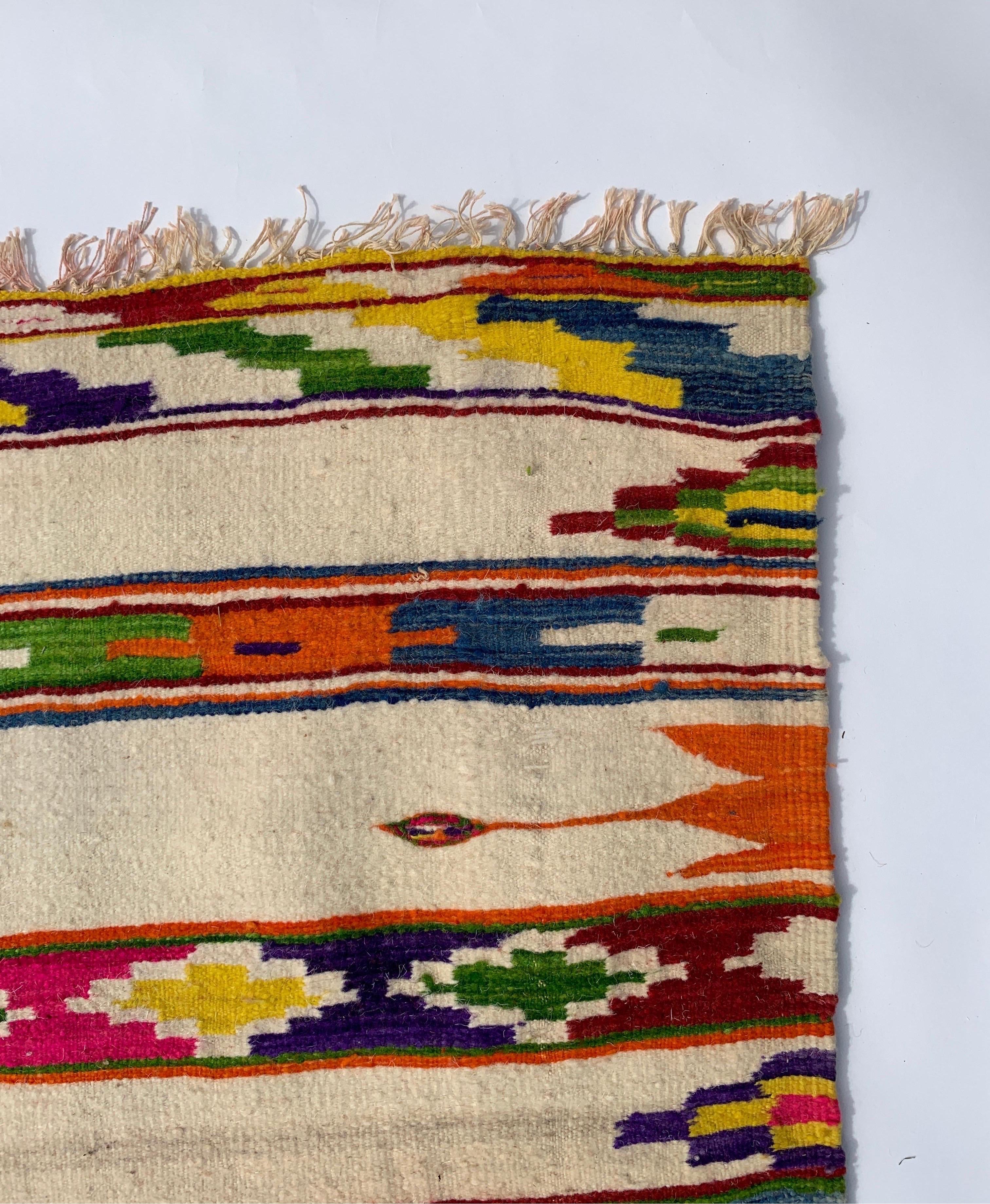 Wool Vintage Berber Rug 1970s Algerian Multicolored Geometrical Handmade Boho For Sale