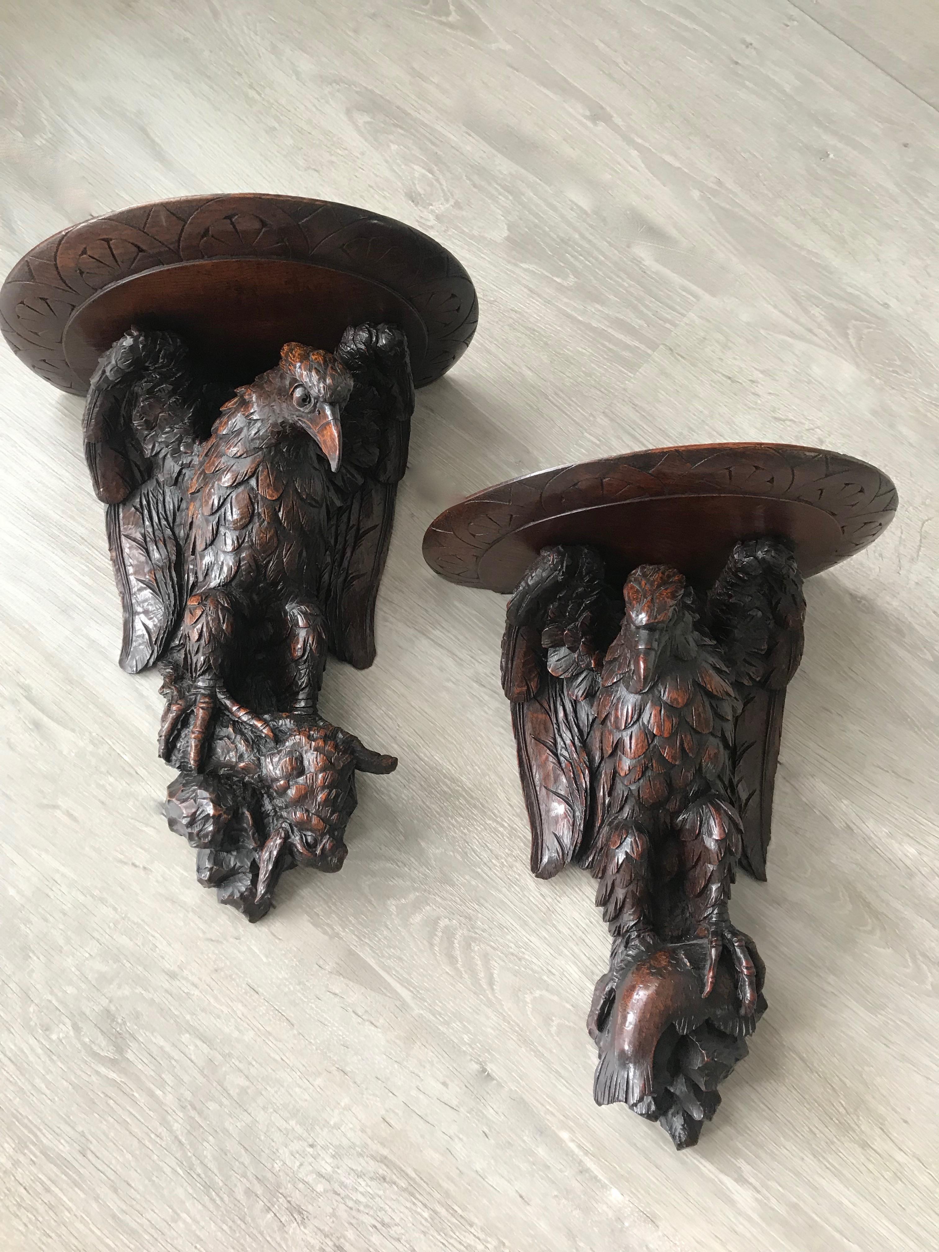 Great looking and practical 19th century eagles with pray. sculptures.

This quality carved pair of highly decorative and good size wall brackets are a rare find and to have found them in this excellent condition more than made our day. These fierce