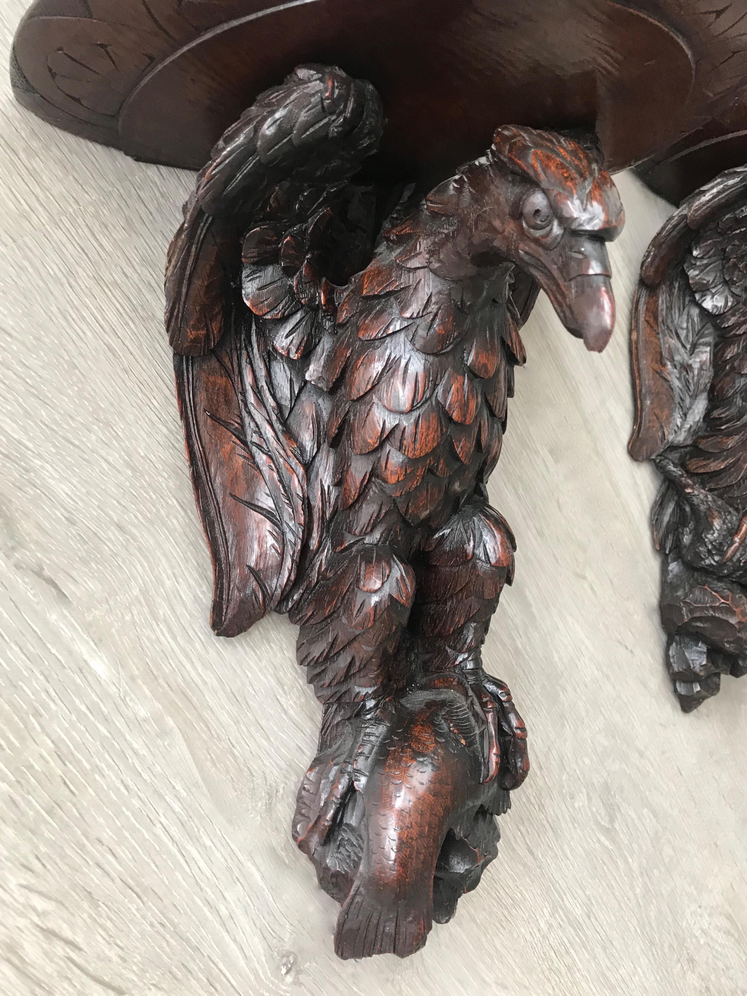 Black Forest Antique & Amazing Pair of Carved Oak Wall Brackets or Consoles, Eagle Sculptures