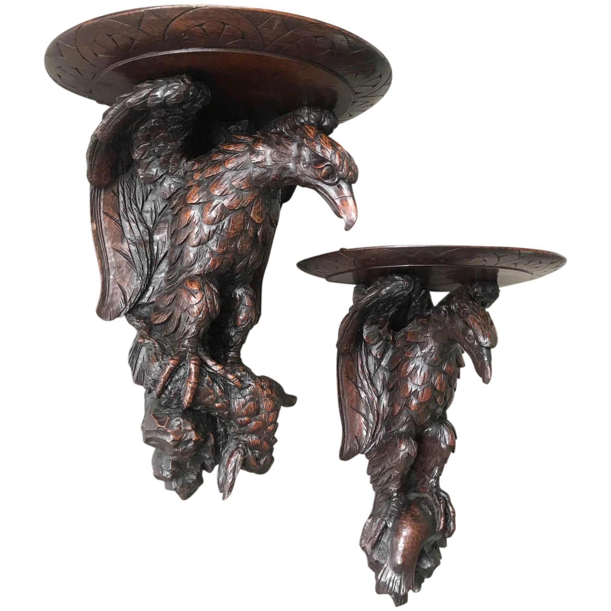 Antique & Amazing Pair of Carved Oak Wall Brackets or Consoles, Eagle Sculptures 1