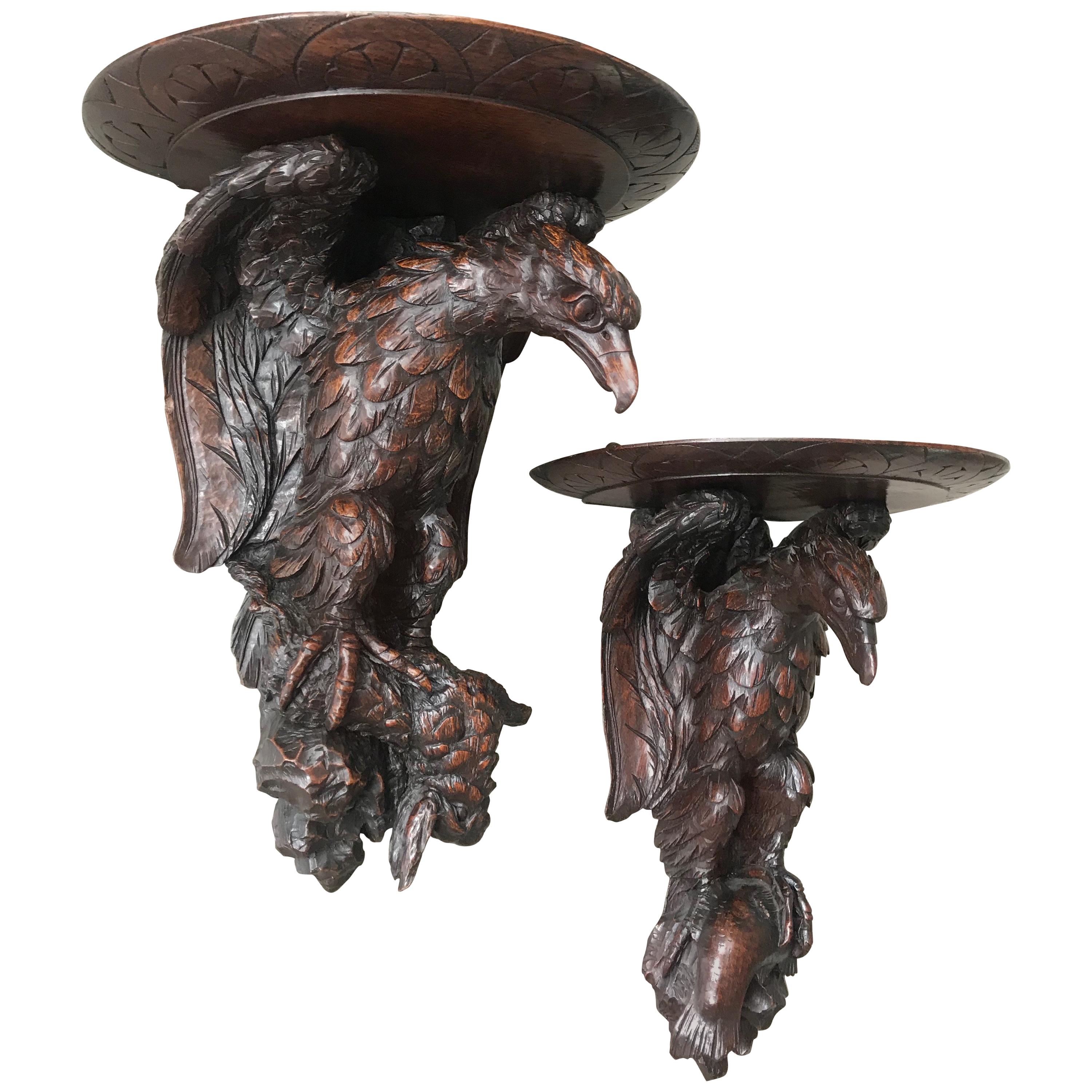 Antique & Amazing Pair of Carved Oak Wall Brackets or Consoles, Eagle Sculptures
