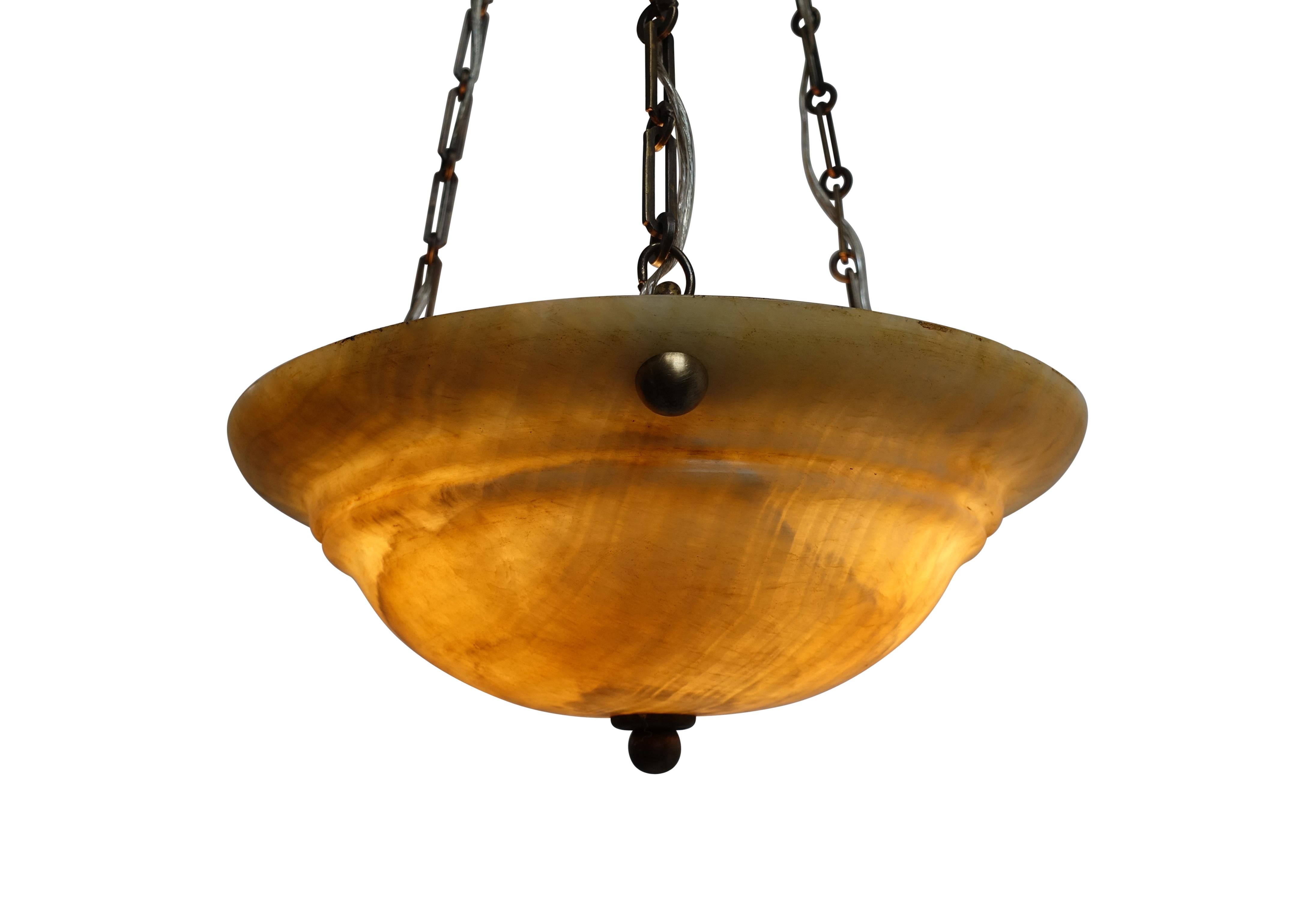 Antique Amber Alabaster Pendant Light Fixture In Excellent Condition In San Francisco, CA