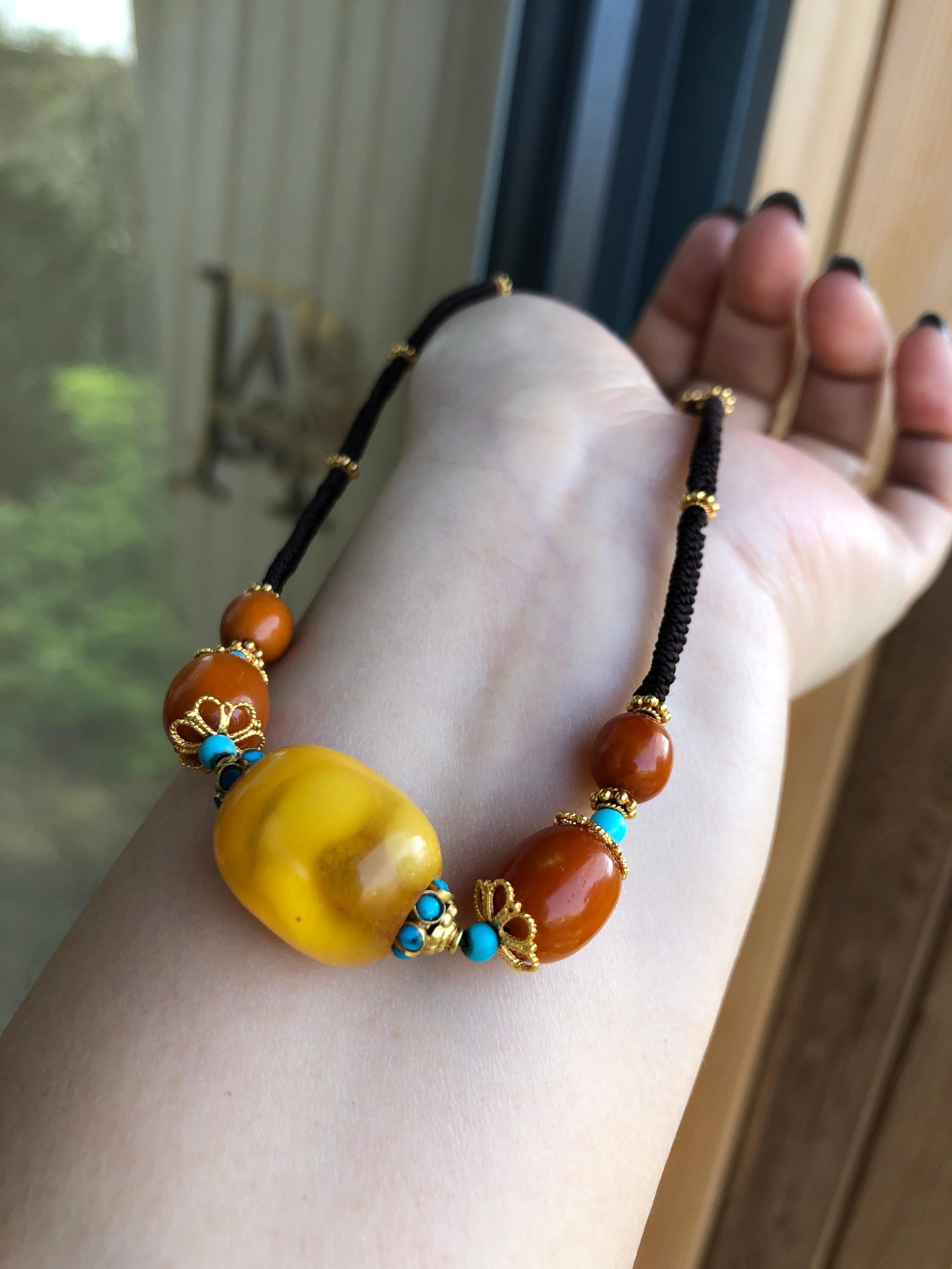 Women's or Men's Antique Amber Bead, Turquoise and Gold Necklace