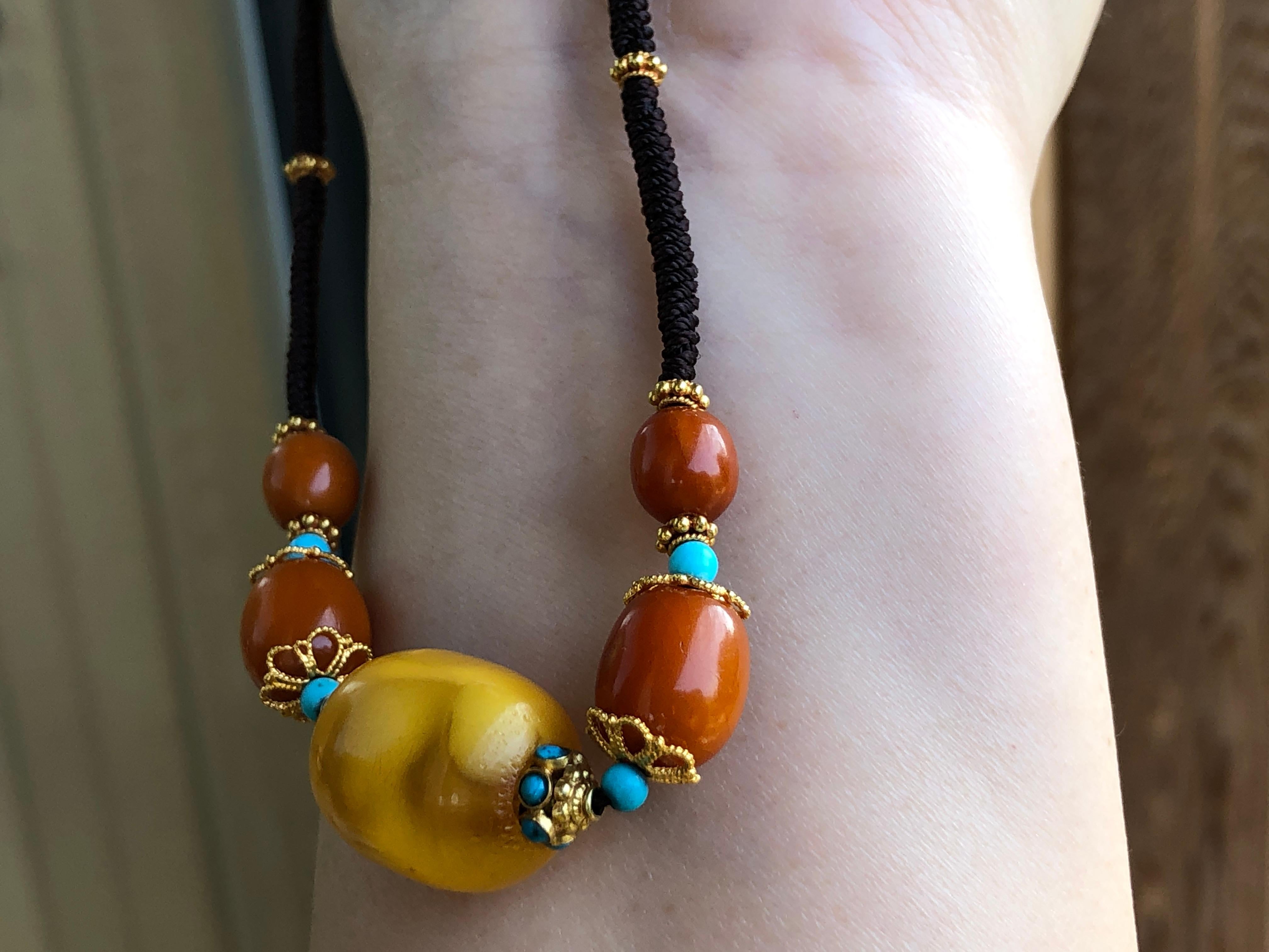 Antique Amber Bead, Turquoise and Gold Necklace 2
