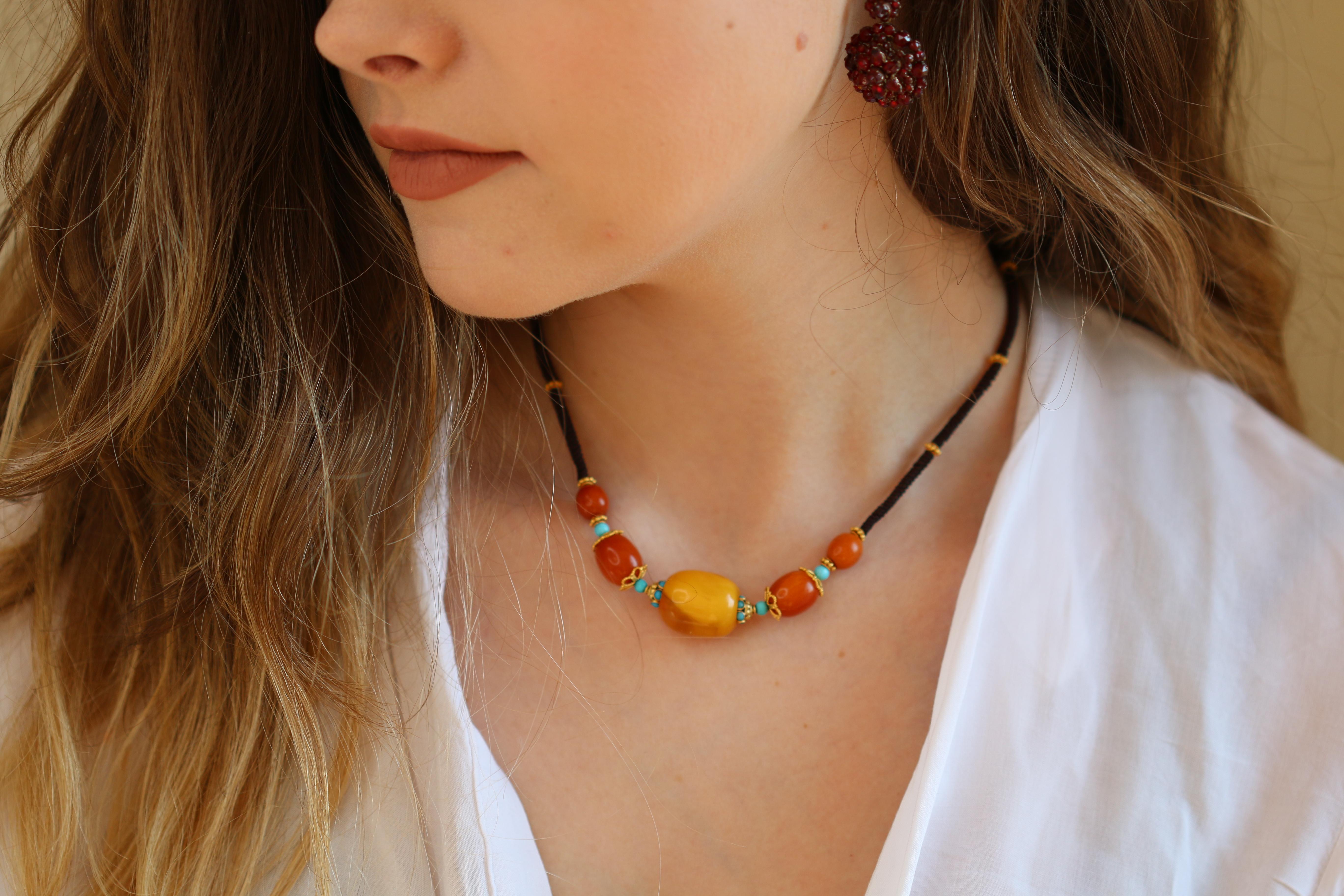 Antique Amber Bead, Turquoise and Gold Necklace 3