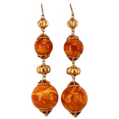 Antique Amber Beads Yellow Gold Earrings