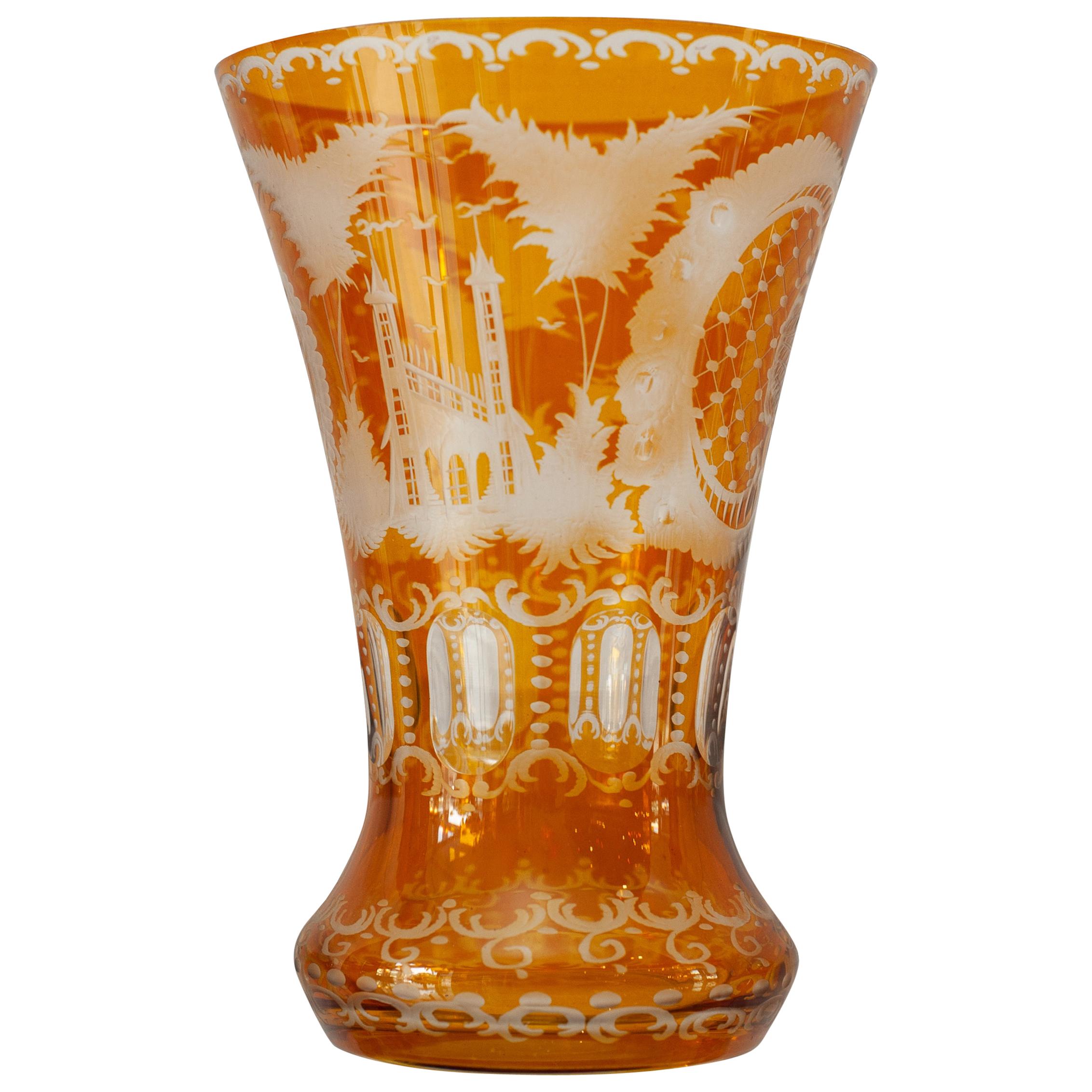 Antique Amber Bohemian Cut Crystal Vase For Sale at 1stDibs