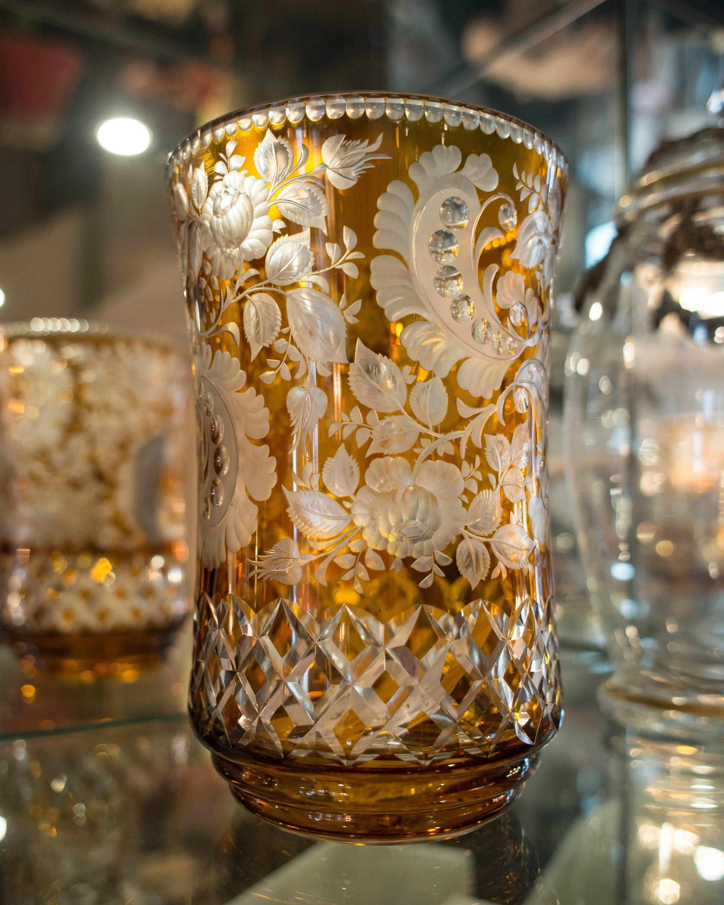 Czech Antique Bohemian Amber Orange Cut Crystal Vase