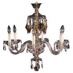 Lustre à six lumières en ambre antique / cristal clair taillé