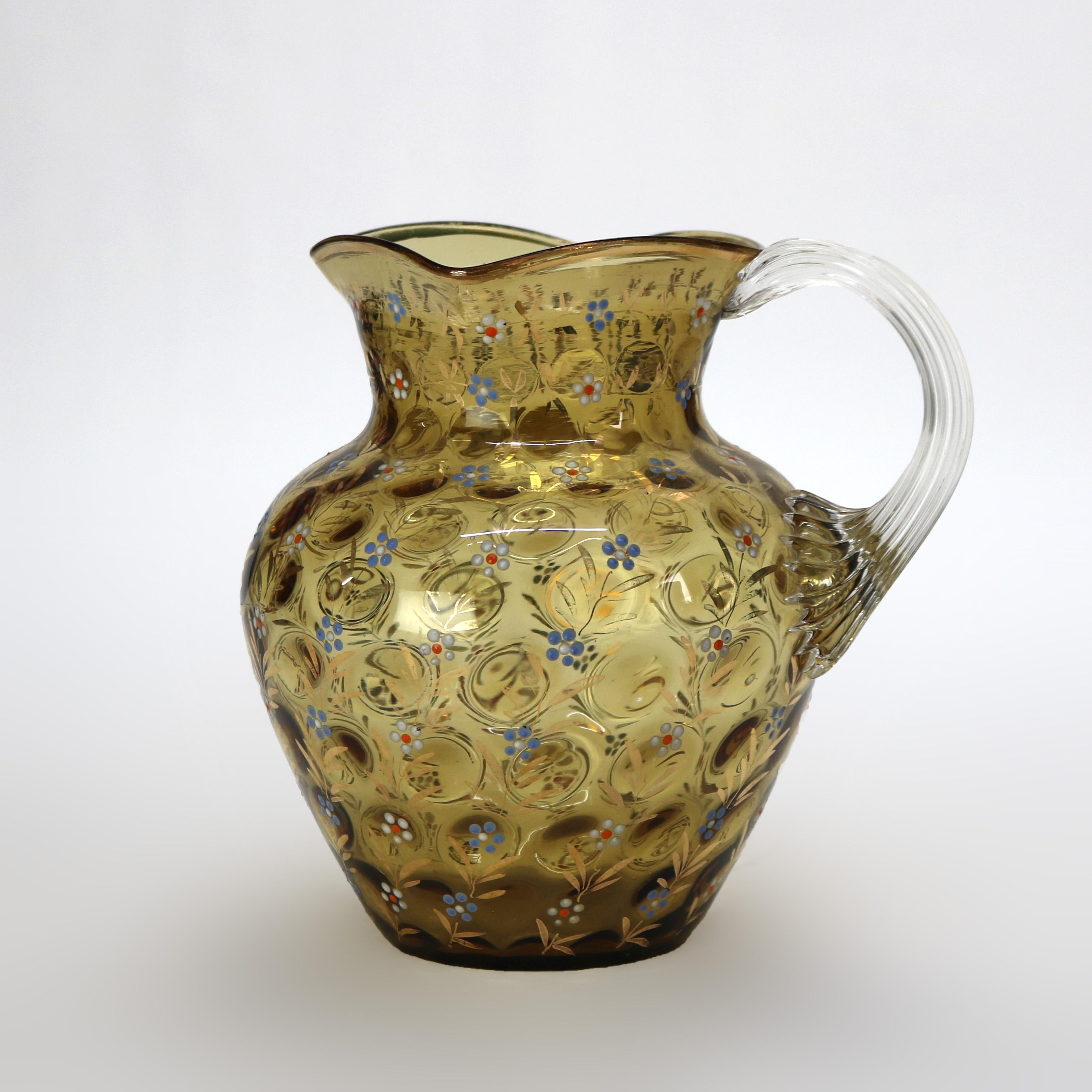 Antiker Bernstein-Wasserkrug mit Münzflecken-Wasserkrug mit emailliertem Blumenmuster, um 1880 im Zustand „Gut“ im Angebot in Big Flats, NY