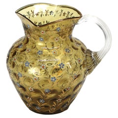 Antique Amber Coinspot Water Pitcher with Enameled Floral Pattern C1880