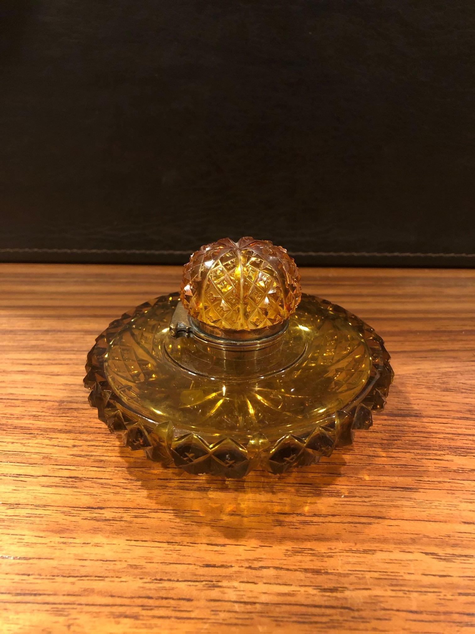 Antique Amber Colored Cut Glass English Inkwell For Sale at 1stDibs