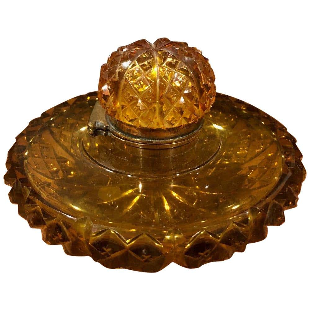 Antique Amber Colored Cut Glass English Inkwell For Sale at 1stDibs