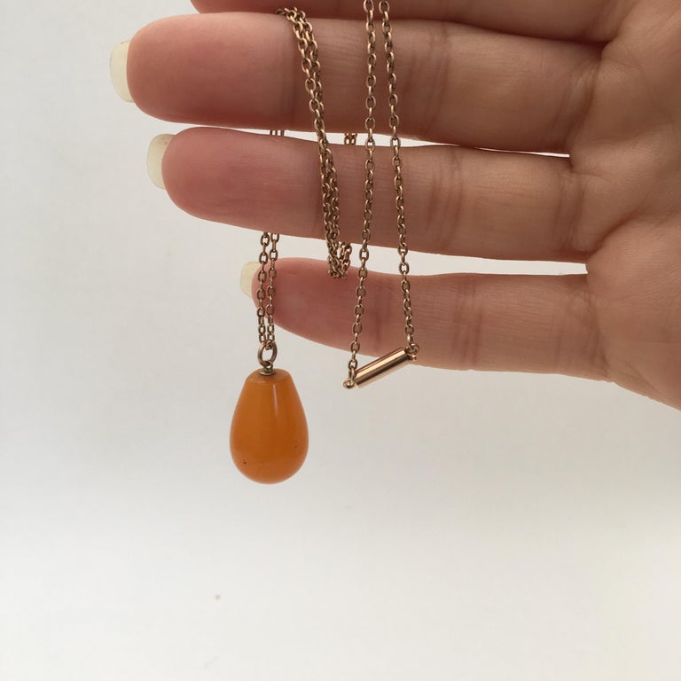 Antique Amber Drop Pendant Rose Gold Chain Charm Necklace Vintage Jewelry For Sale at 1stdibs