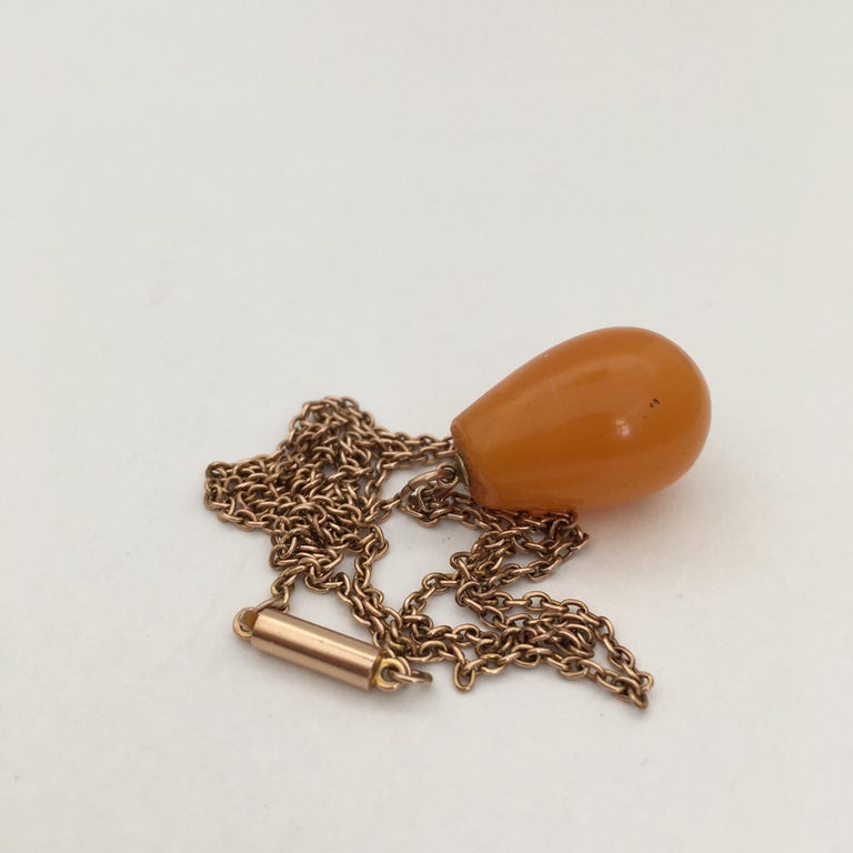 Antique Amber Drop Pendant Rose Gold Chain Charm Necklace Vintage Jewelry For Sale at 1stdibs