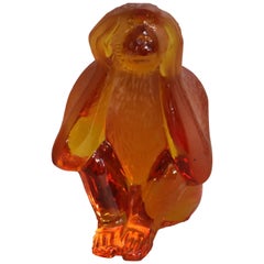 Antique Amber French Daum Crystal Figural "No-Hear" Monkey Statue, 20th Century