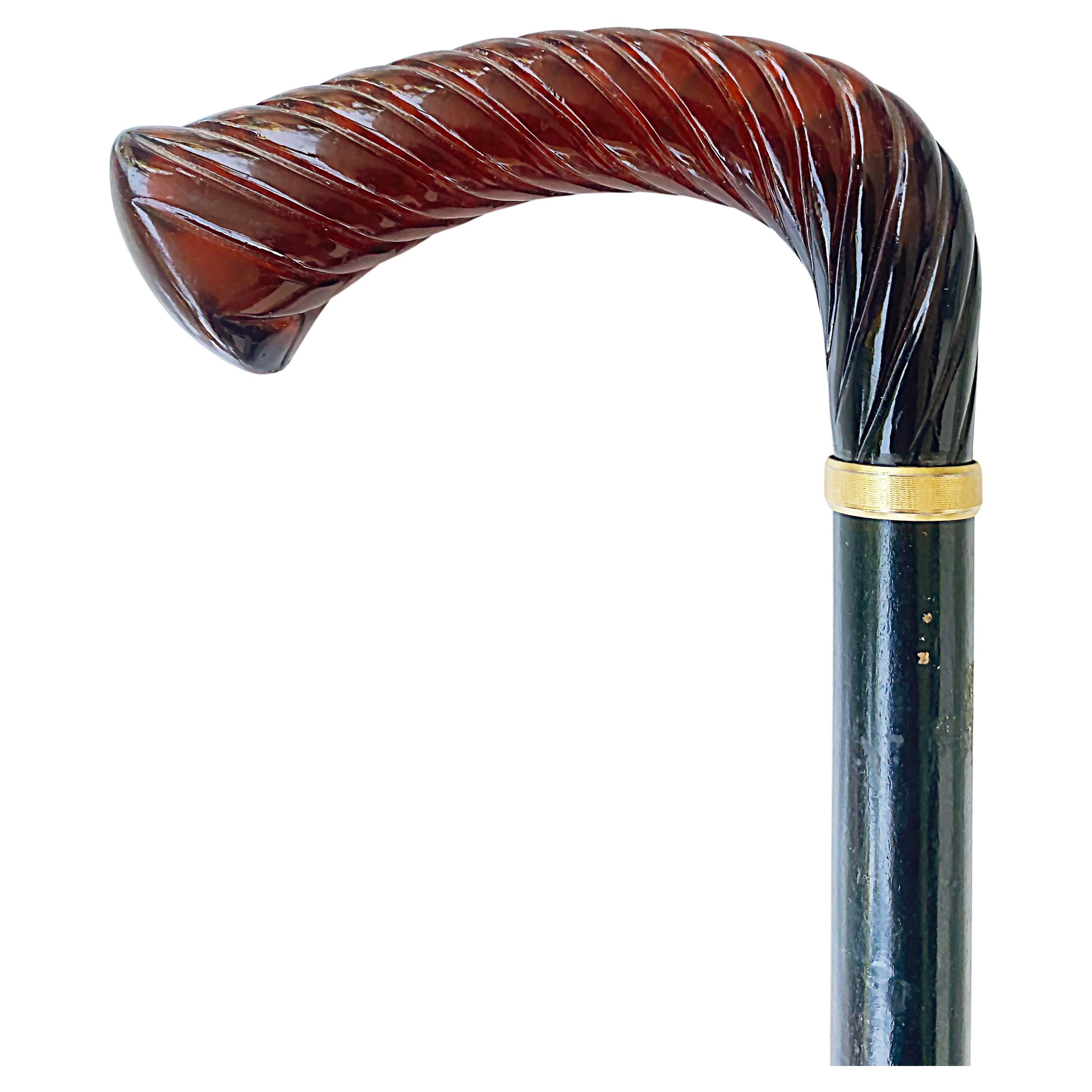 Antique Amber Handle with Gold Band Wood Walking Stick For Sale