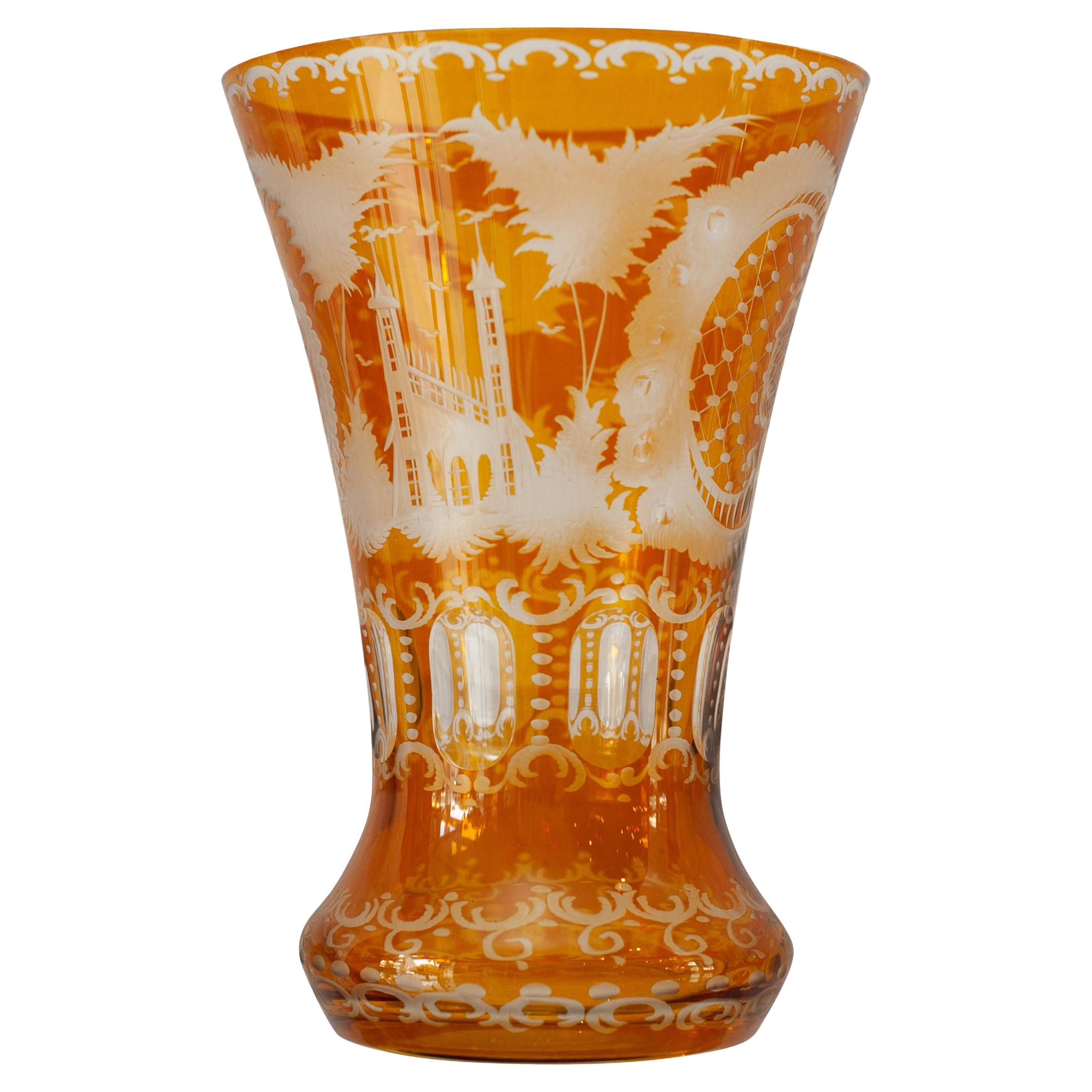 Antique Amber Orange Bohemian Cut Crystal Flared Vase
