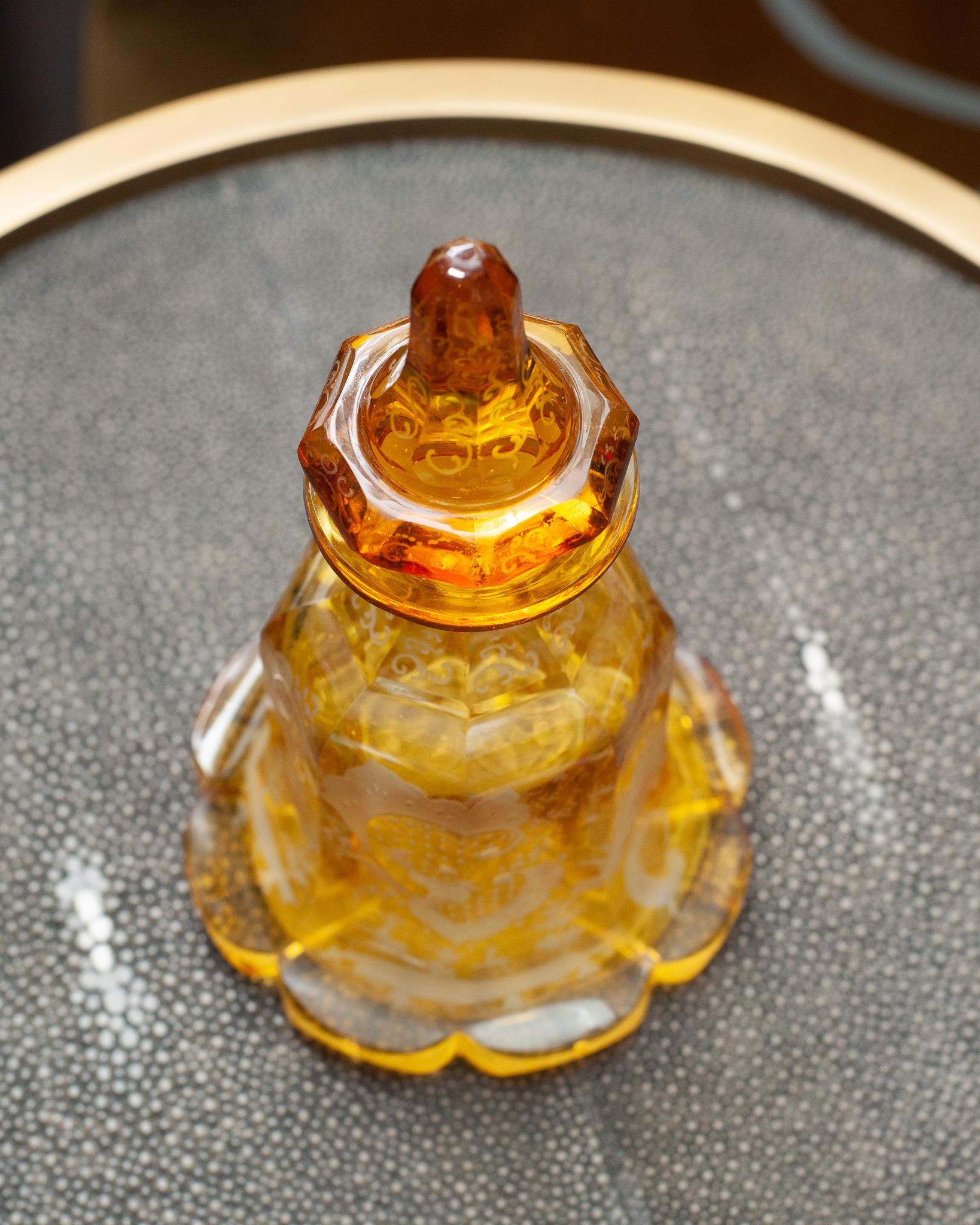 Czech Antique Amber Orange Bohemian Cut Crystal Perfume Bottle with Lid