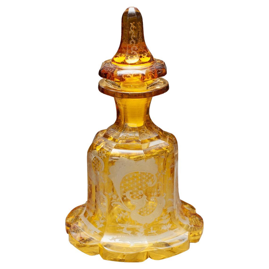 Antique Amber Orange Bohemian Cut Crystal Perfume Bottle with Lid
