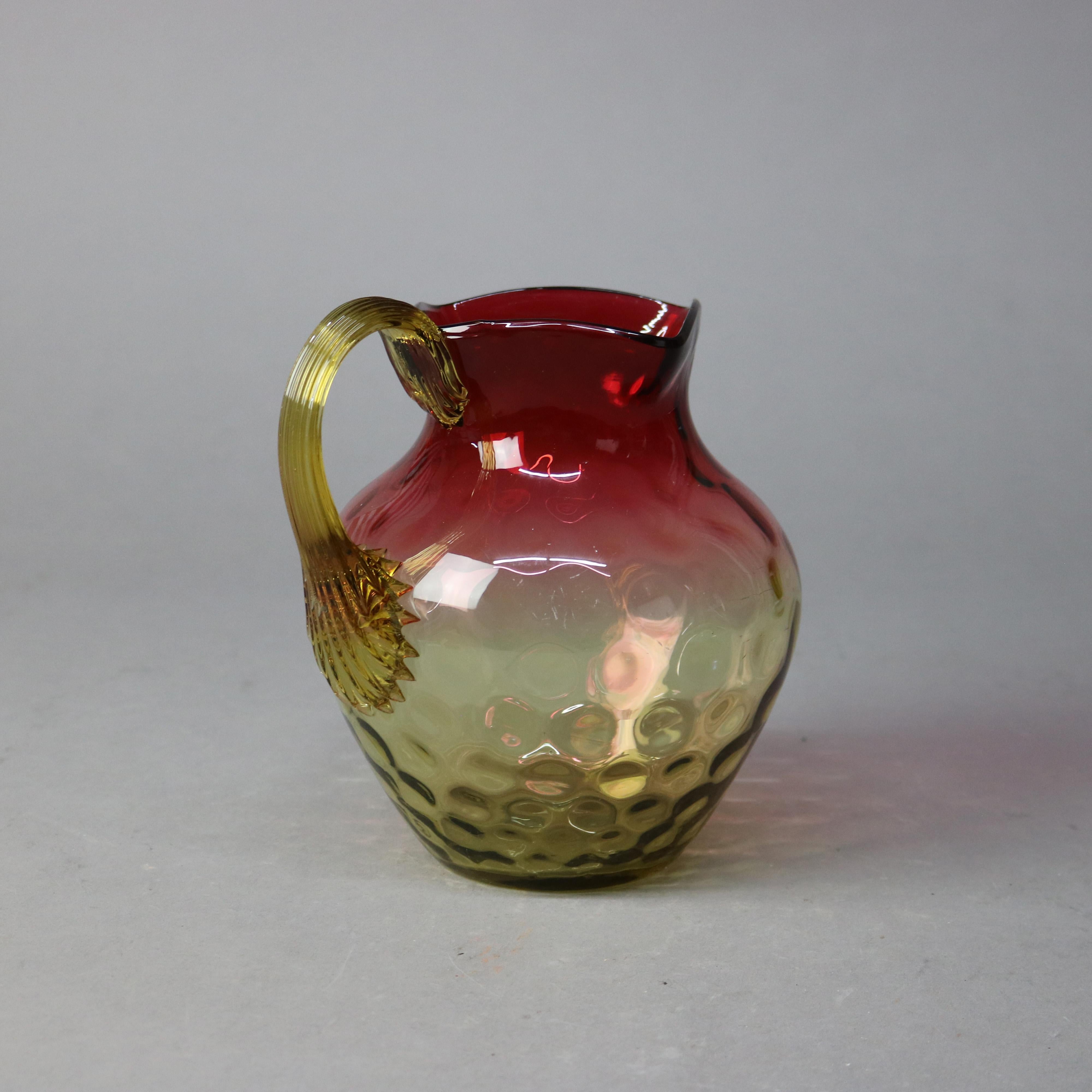 Antique Amberina Coinspot Glass Water or Juice Pitcher with Applied Reeded Handle C1900

Measures - 7 1/4